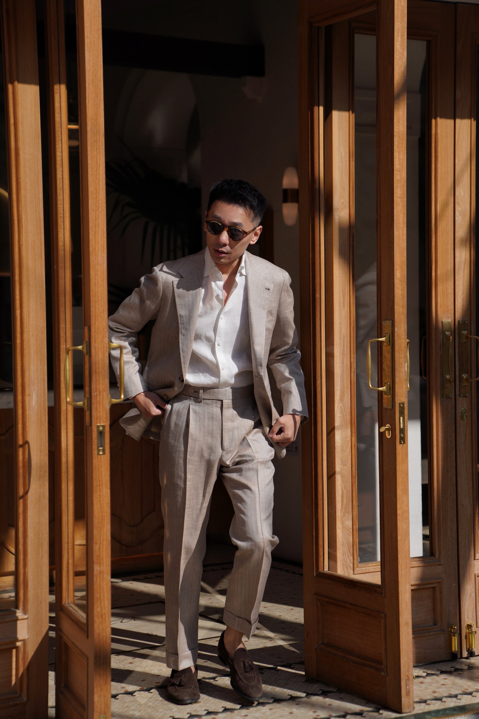 MTO Champagne Herringbone Wool Silk Linen Suit