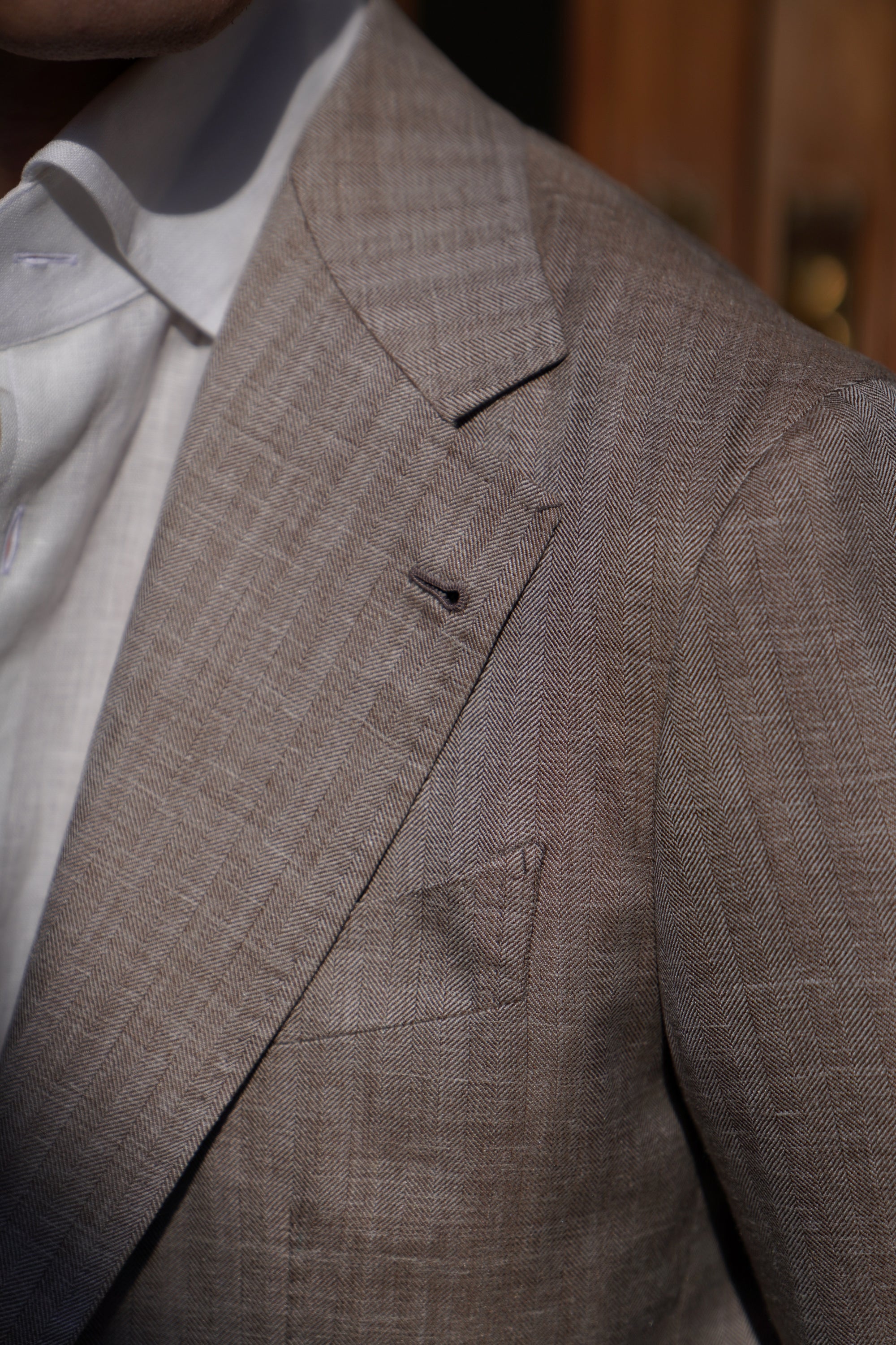 MTO Champagne Herringbone Wool Silk Linen Suit