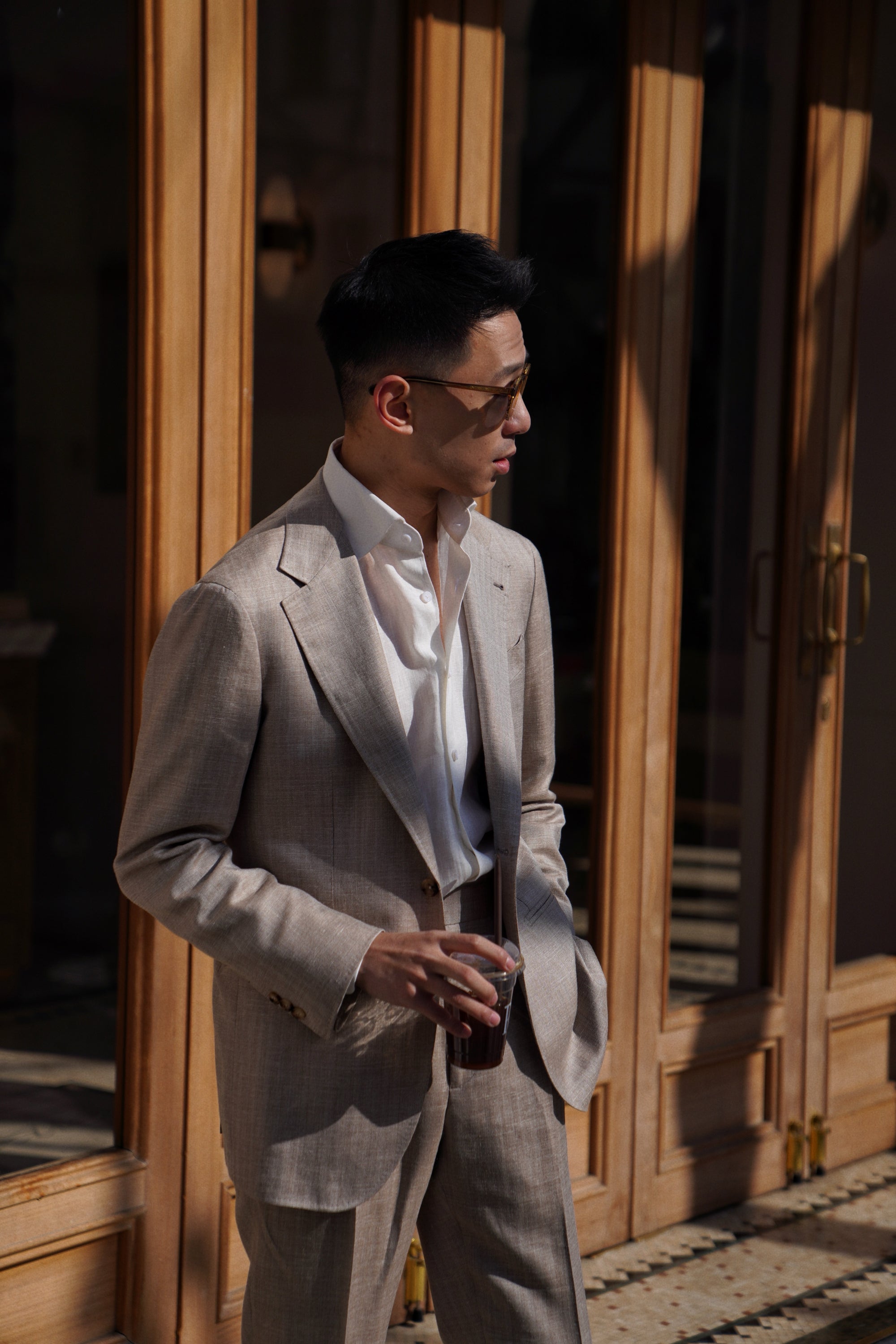 MTO Champagne Herringbone Wool Silk Linen Suit