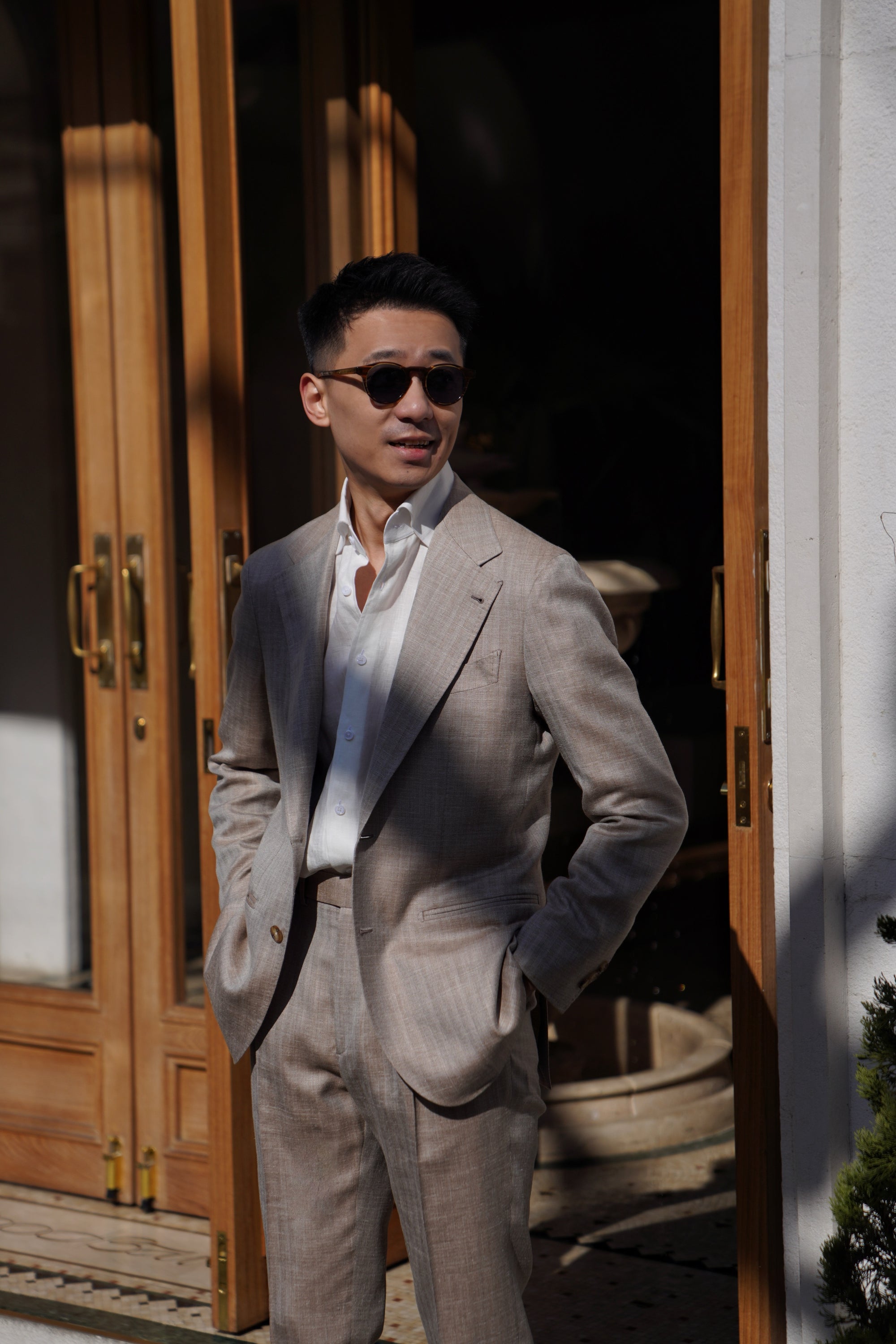 MTO Champagne Herringbone Wool Silk Linen Suit