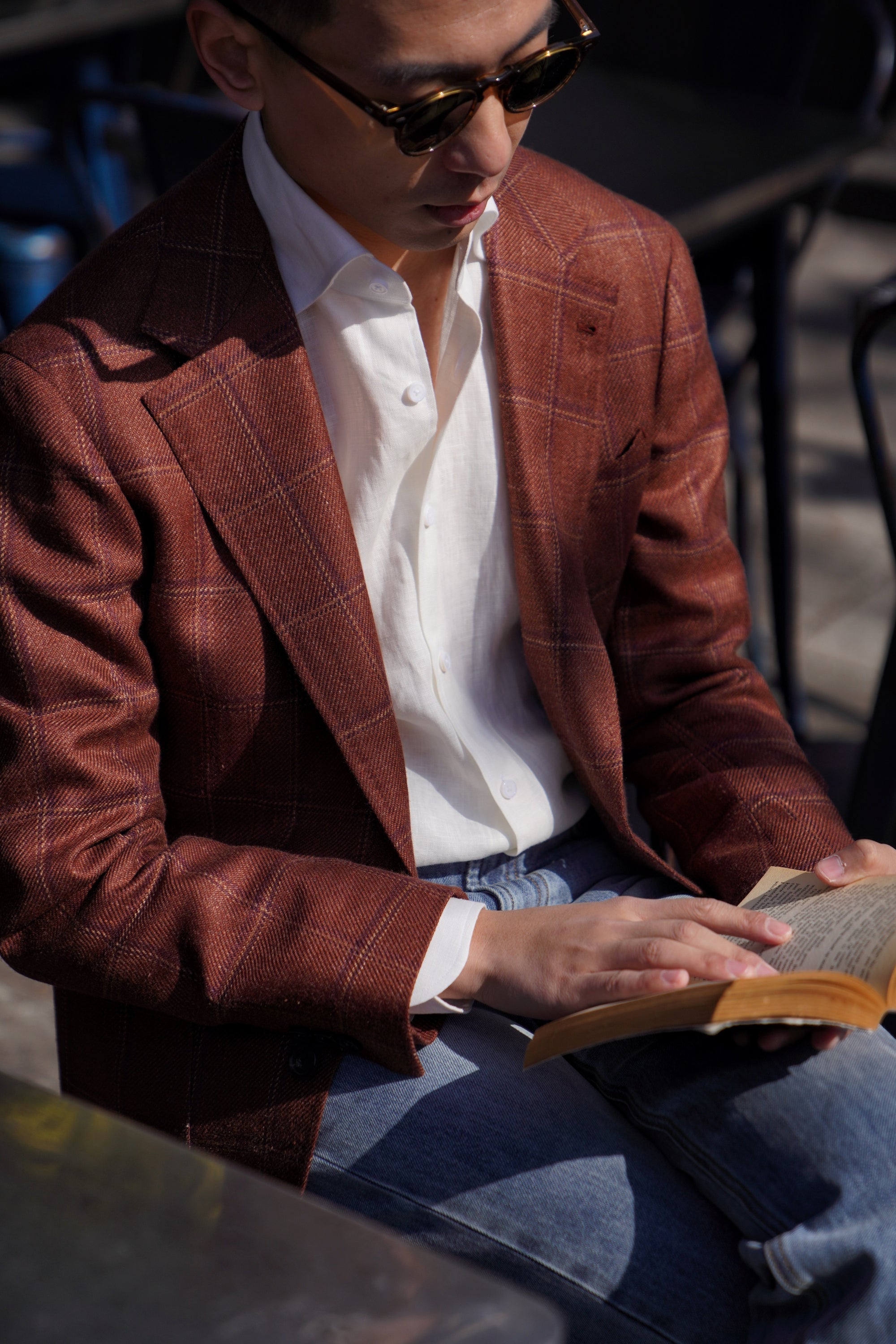 MTO Red Windowpane Wool Silk Linen Jacket