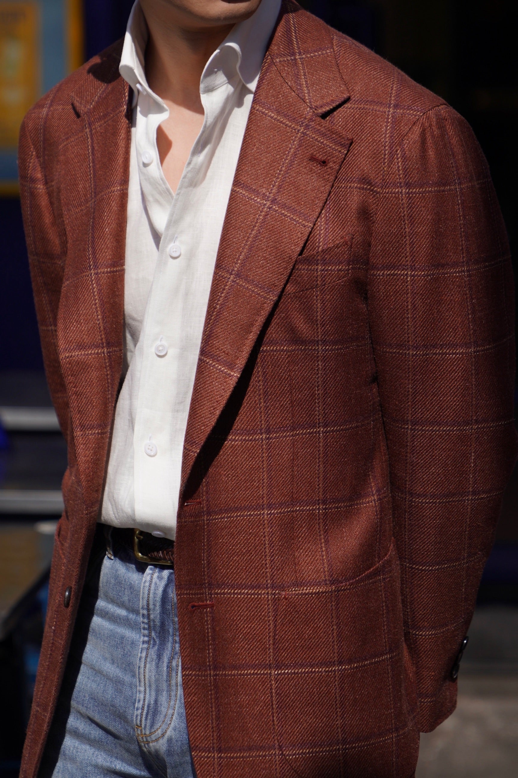 MTO Red Windowpane Wool Silk Linen Jacket