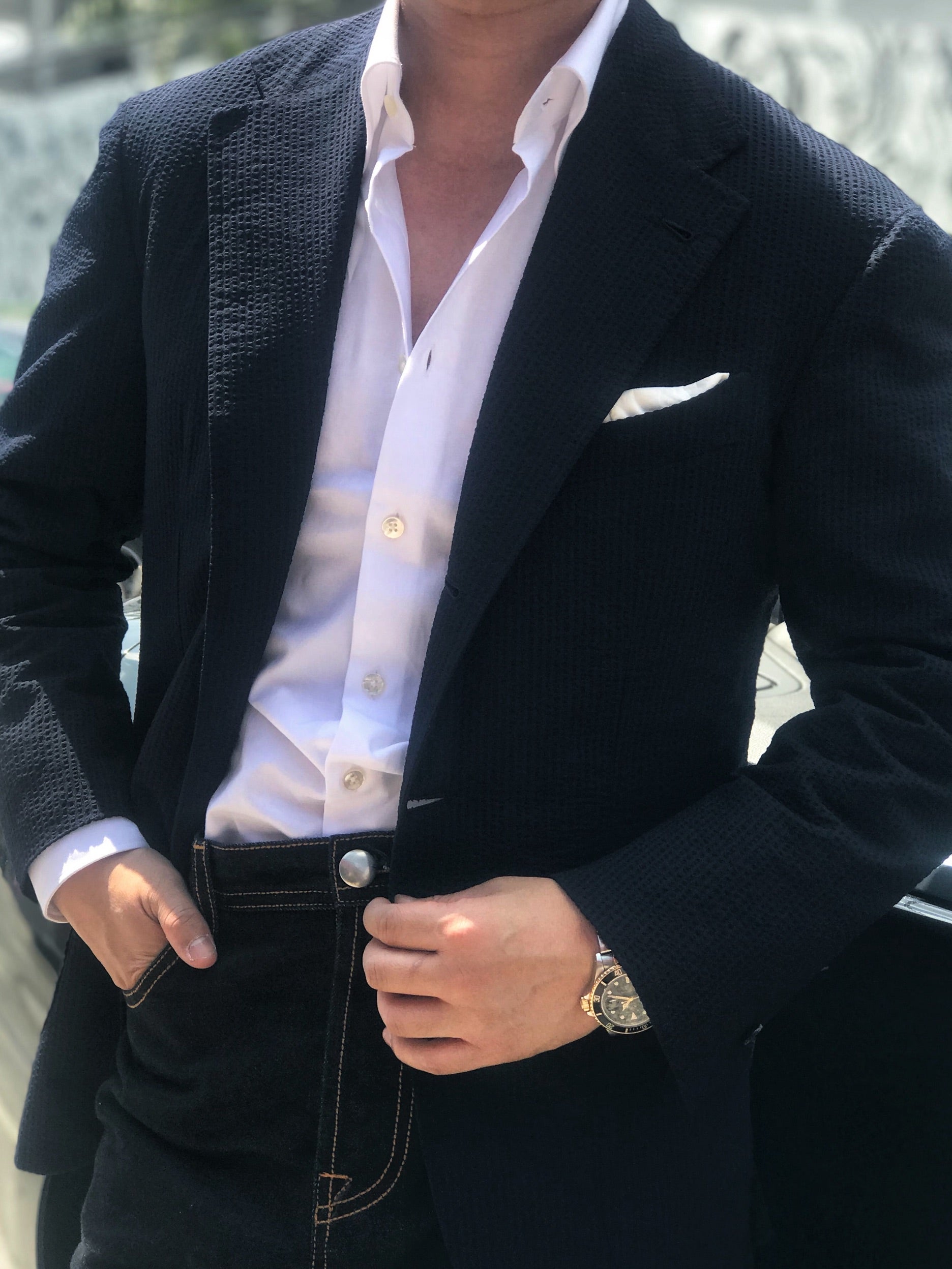 MTO Navy Wool Silk Seersucker Jacket