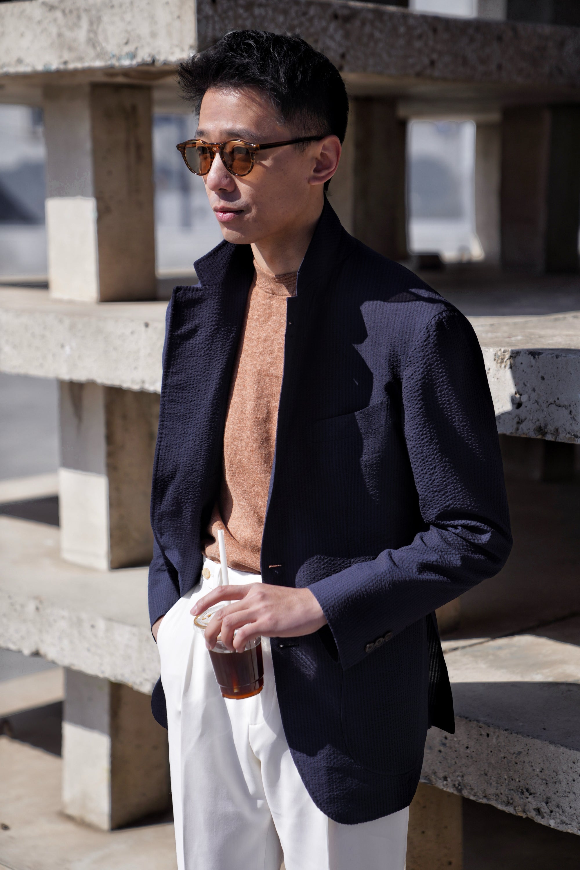 MTO Navy Wool Silk Seersucker Jacket