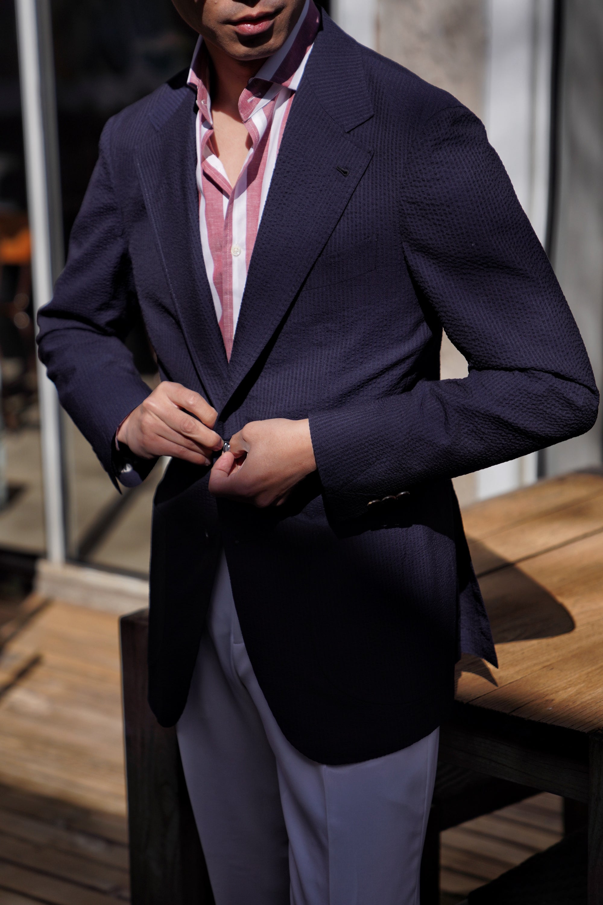 MTO Navy Wool Silk Seersucker Jacket
