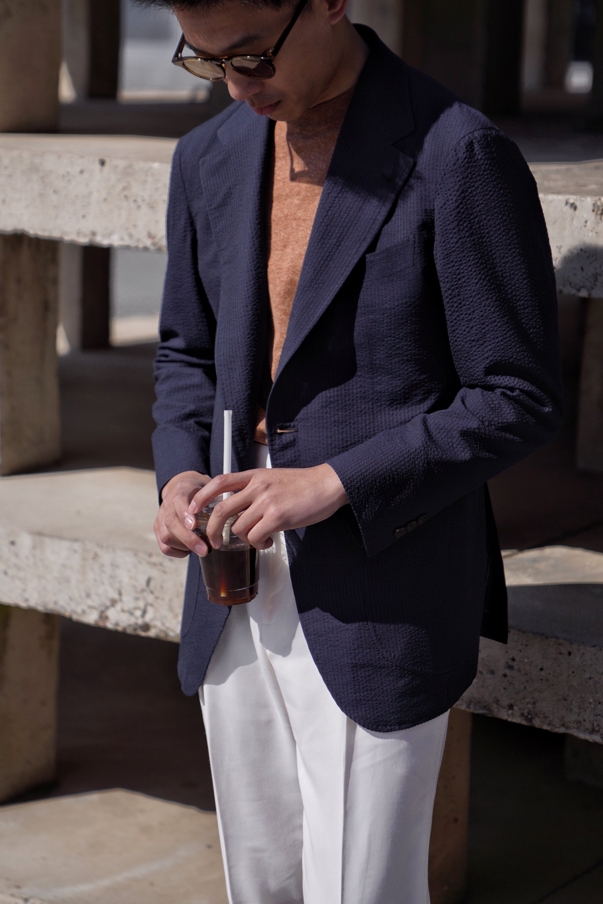 MTO Navy Wool Silk Seersucker Jacket
