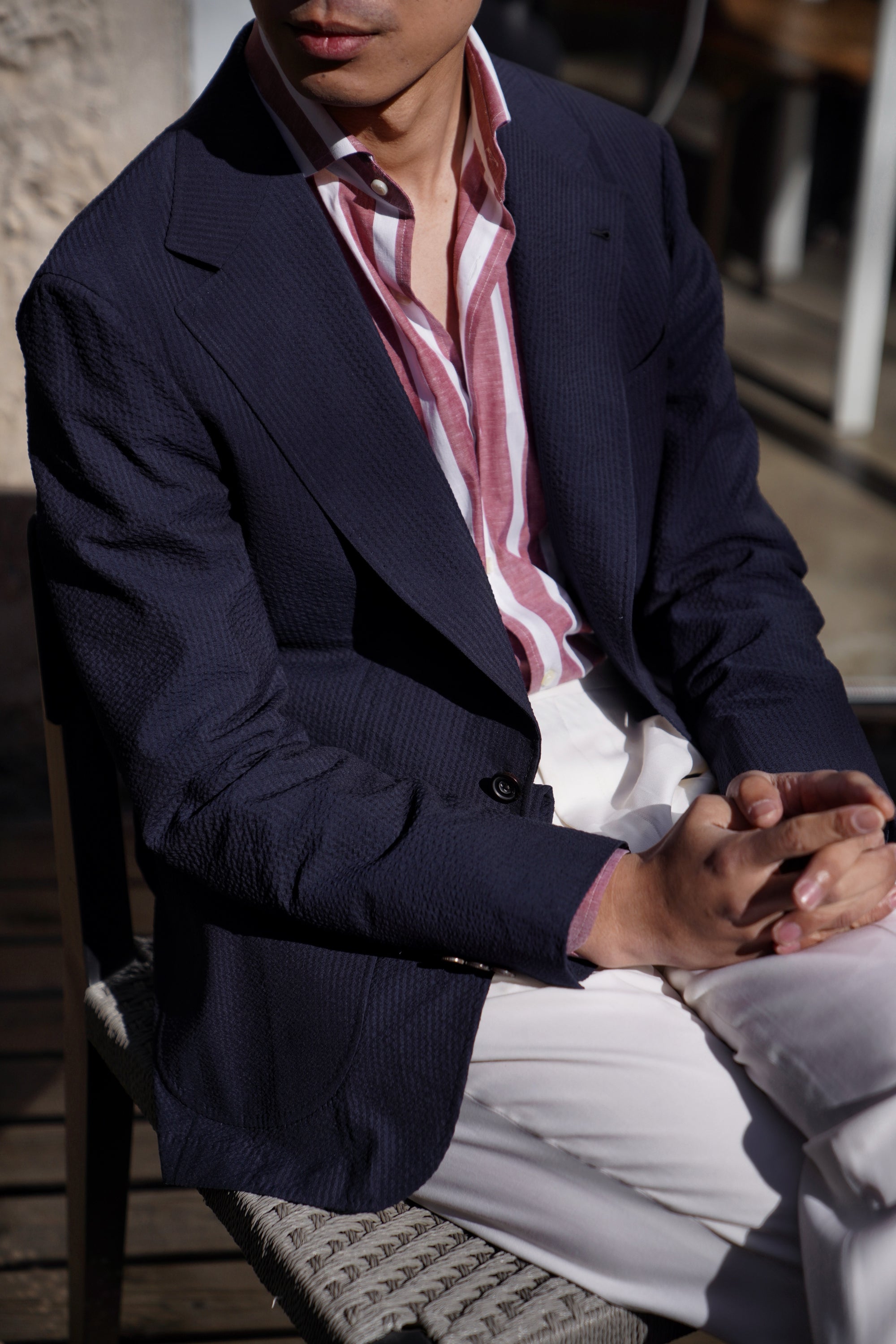 MTO Navy Wool Silk Seersucker Jacket