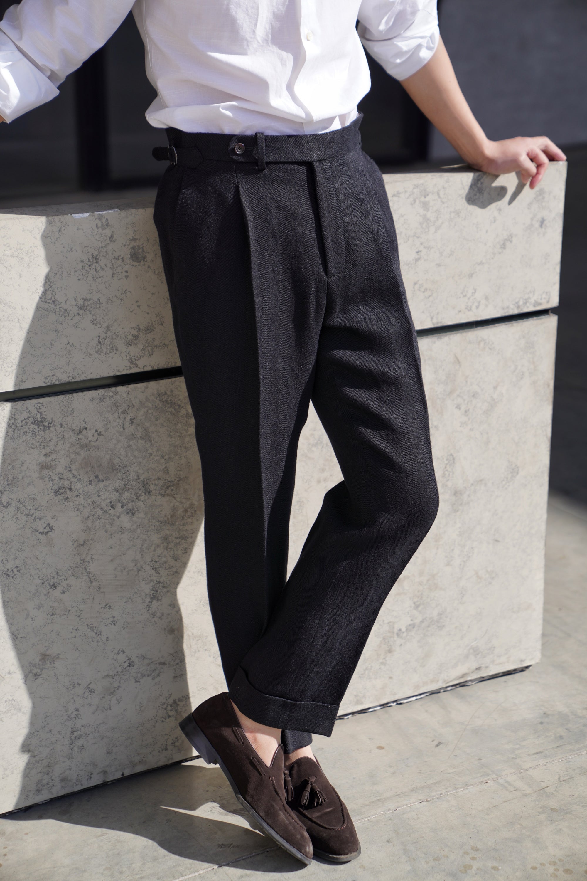 Black Linen Herringbone Trousers #245