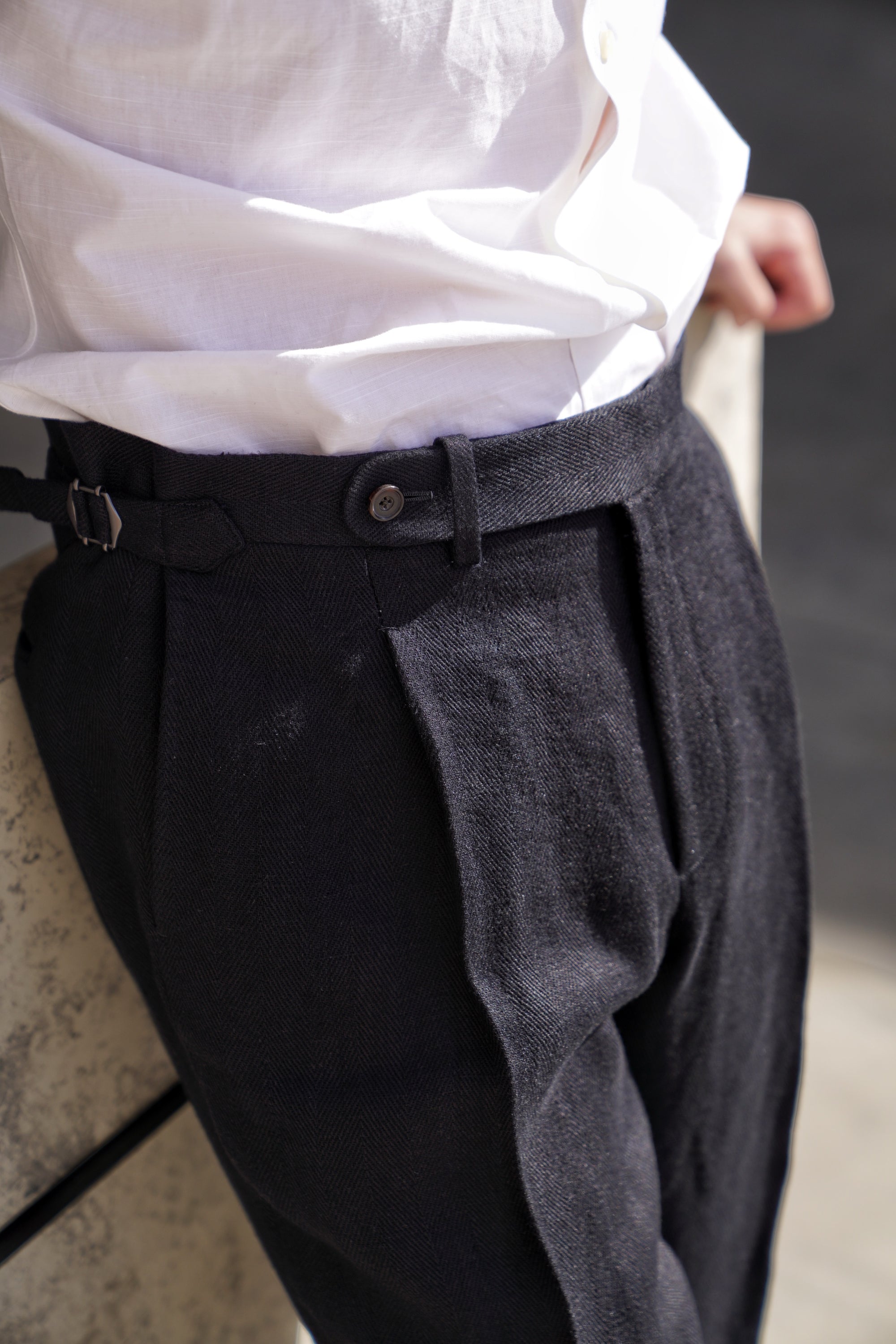 Black Linen Herringbone Trousers #245
