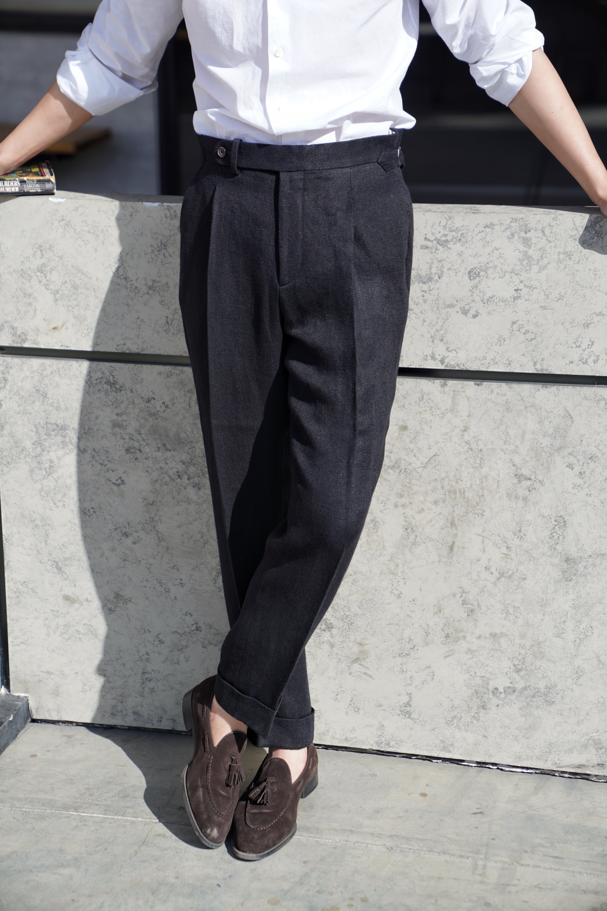 Black Linen Herringbone Trousers #245