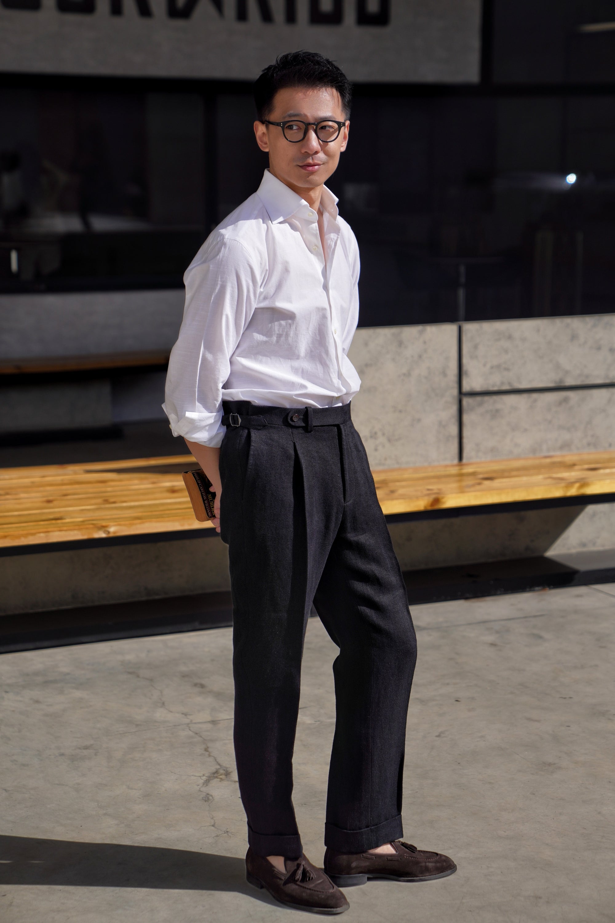 Black Linen Herringbone Trousers #245