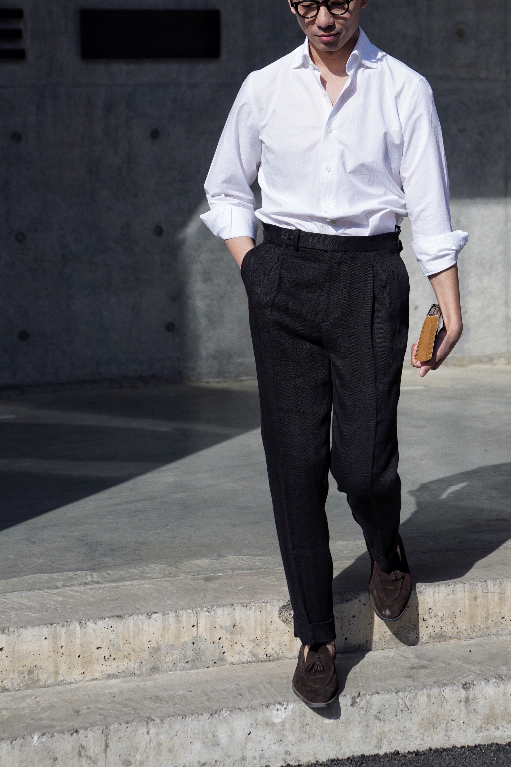 Black Linen Herringbone Trousers #245