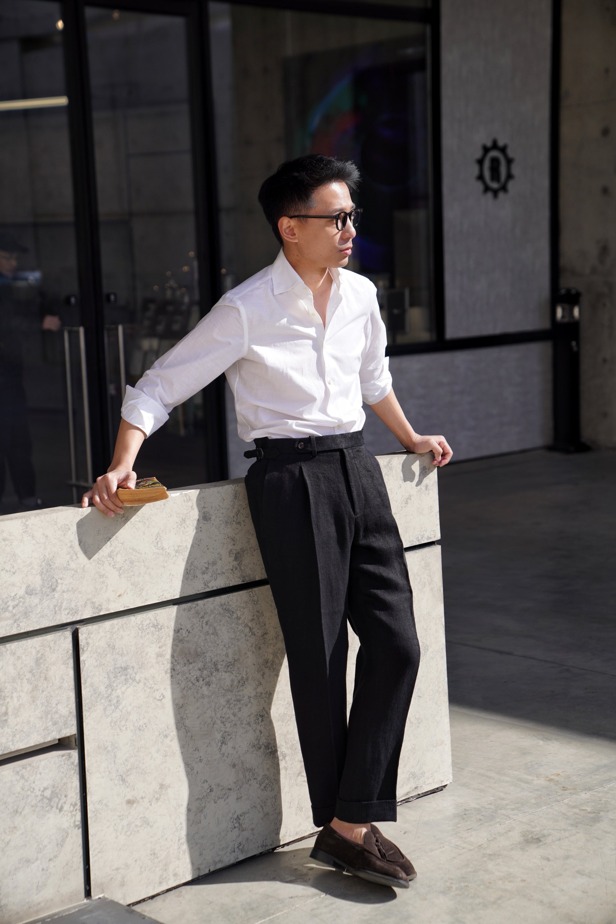 Black Linen Herringbone Trousers #245