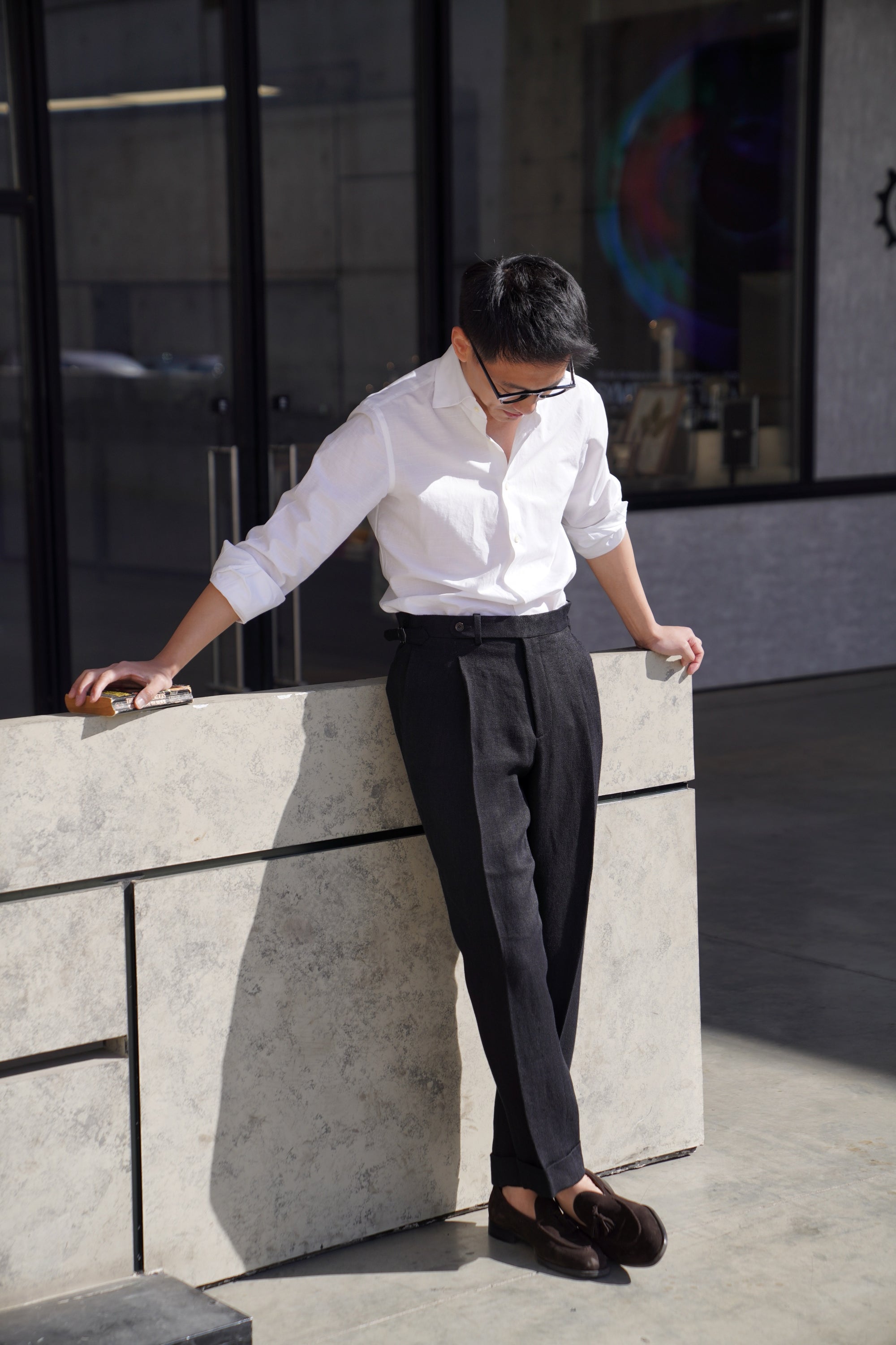 Black Linen Herringbone Trousers #245