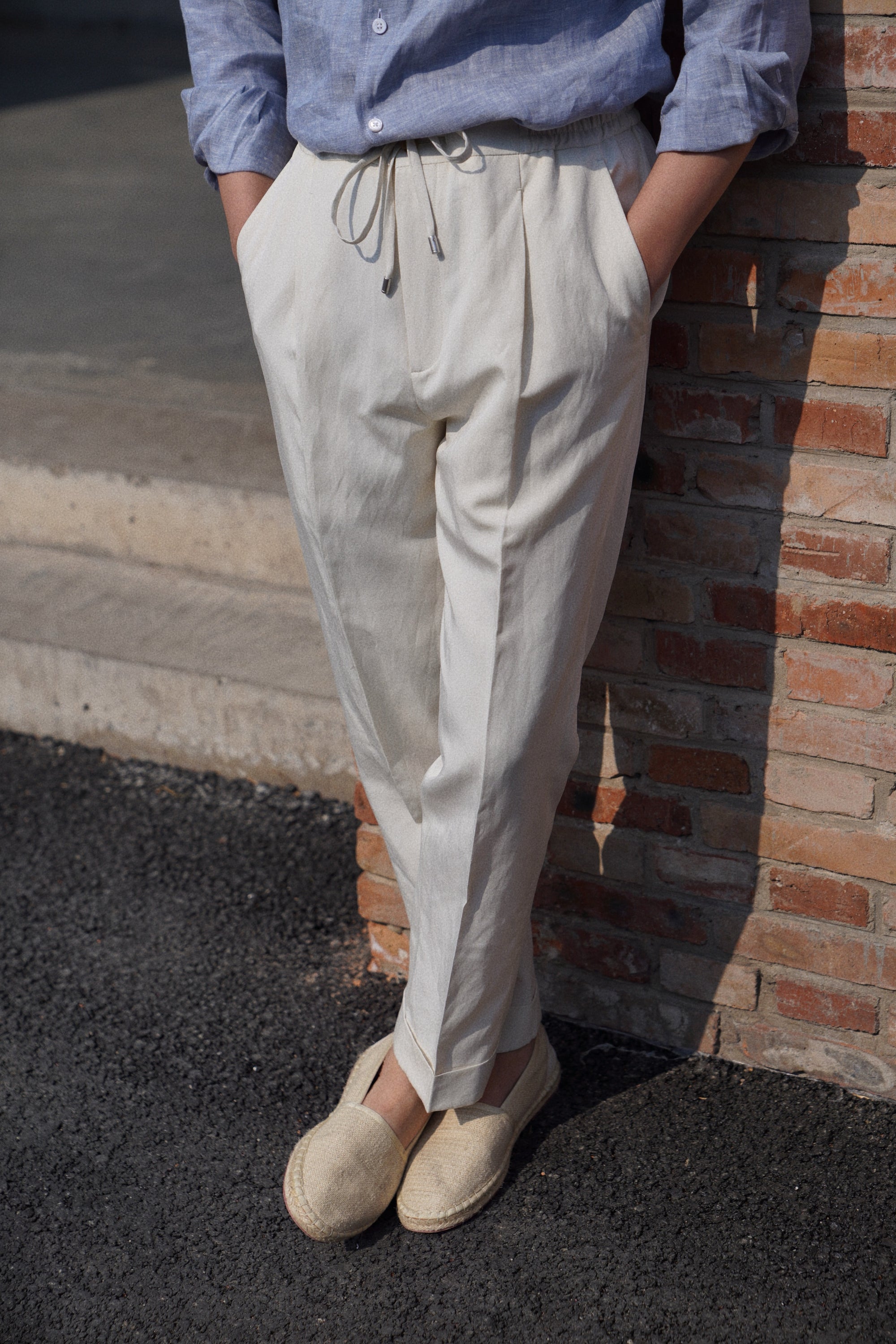 Beige Cotton Linen Tencel Drawstring Trousers #315