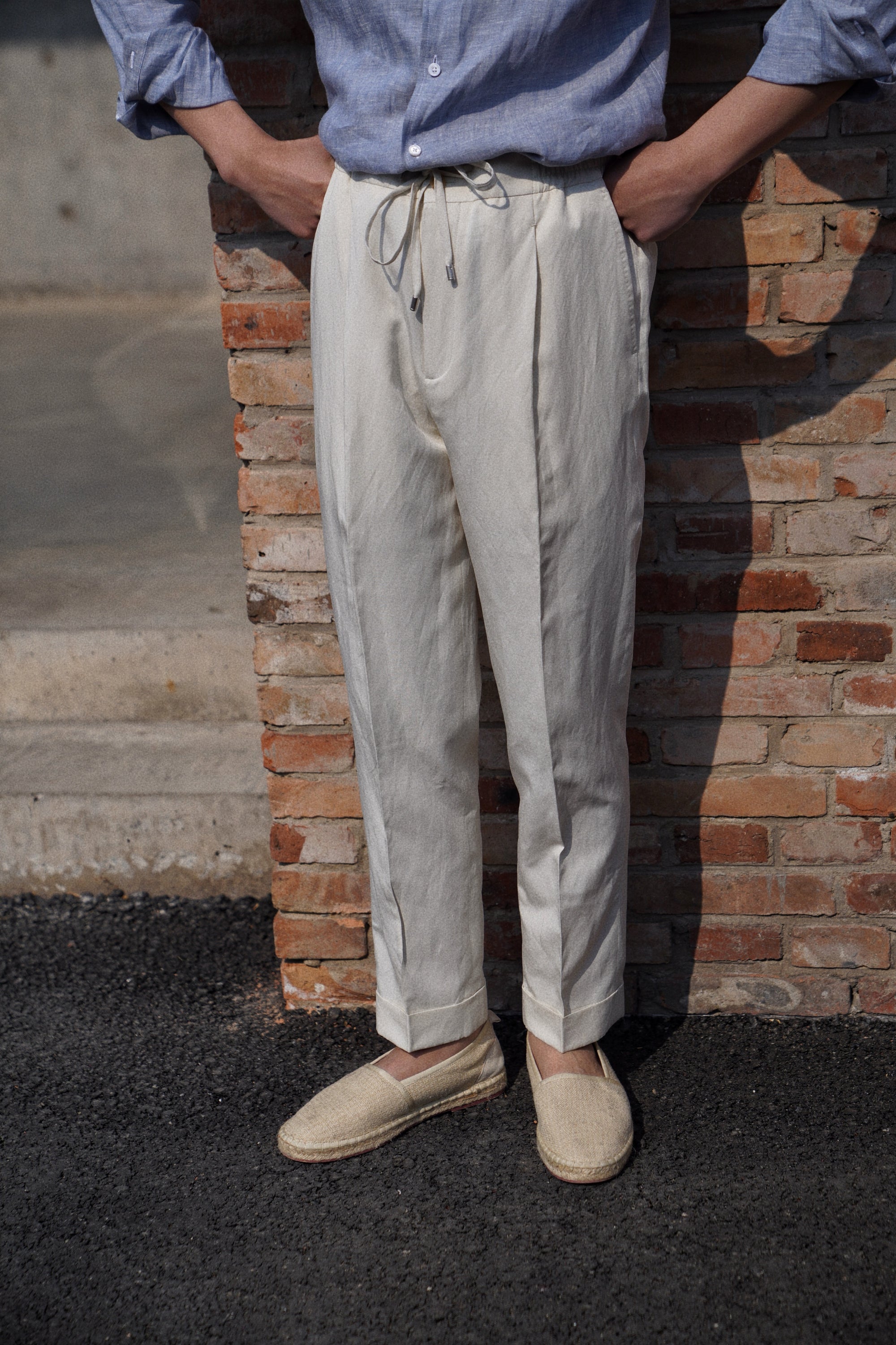 Beige Cotton Linen Tencel Drawstring Trousers #315
