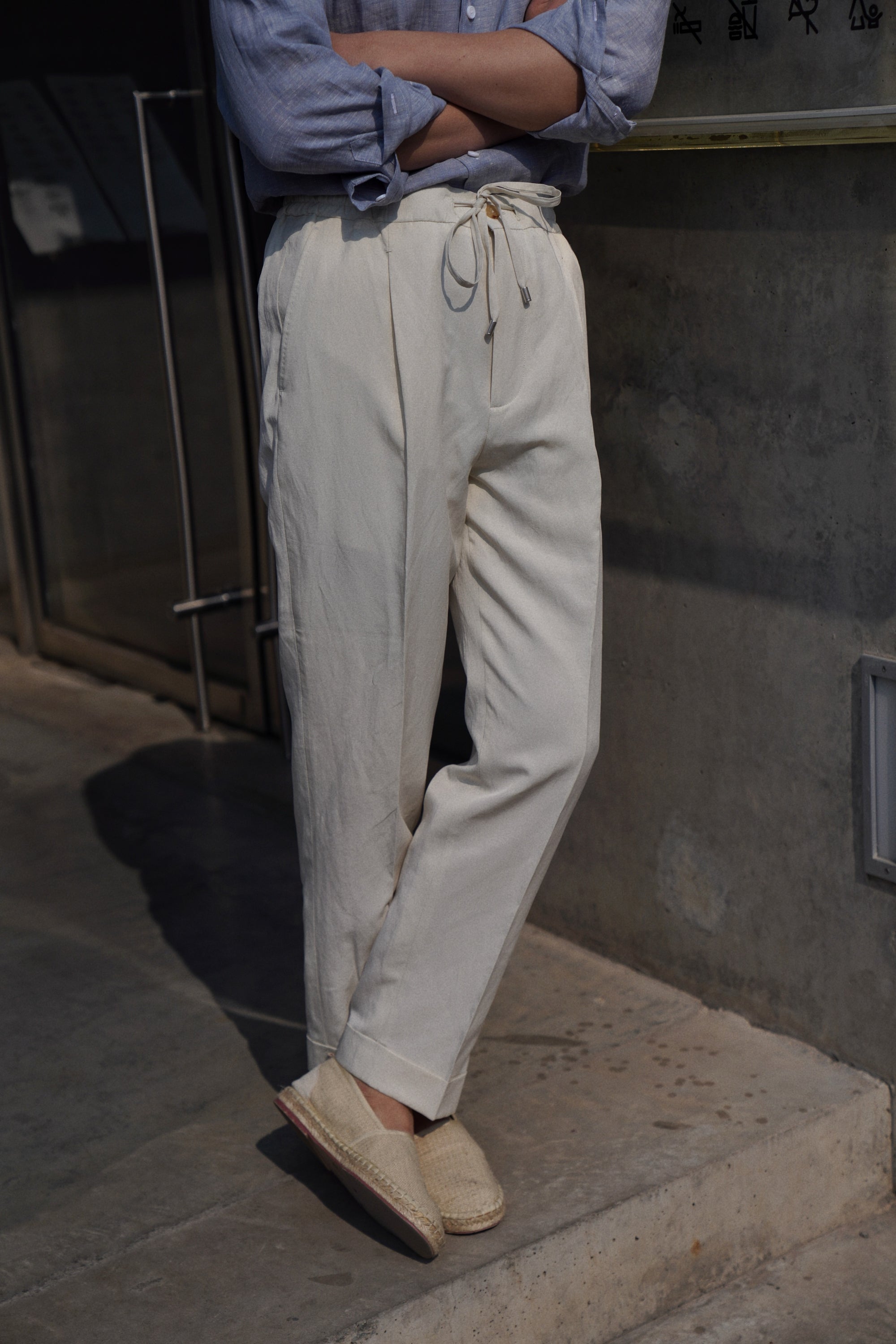 Beige Cotton Linen Tencel Drawstring Trousers #315