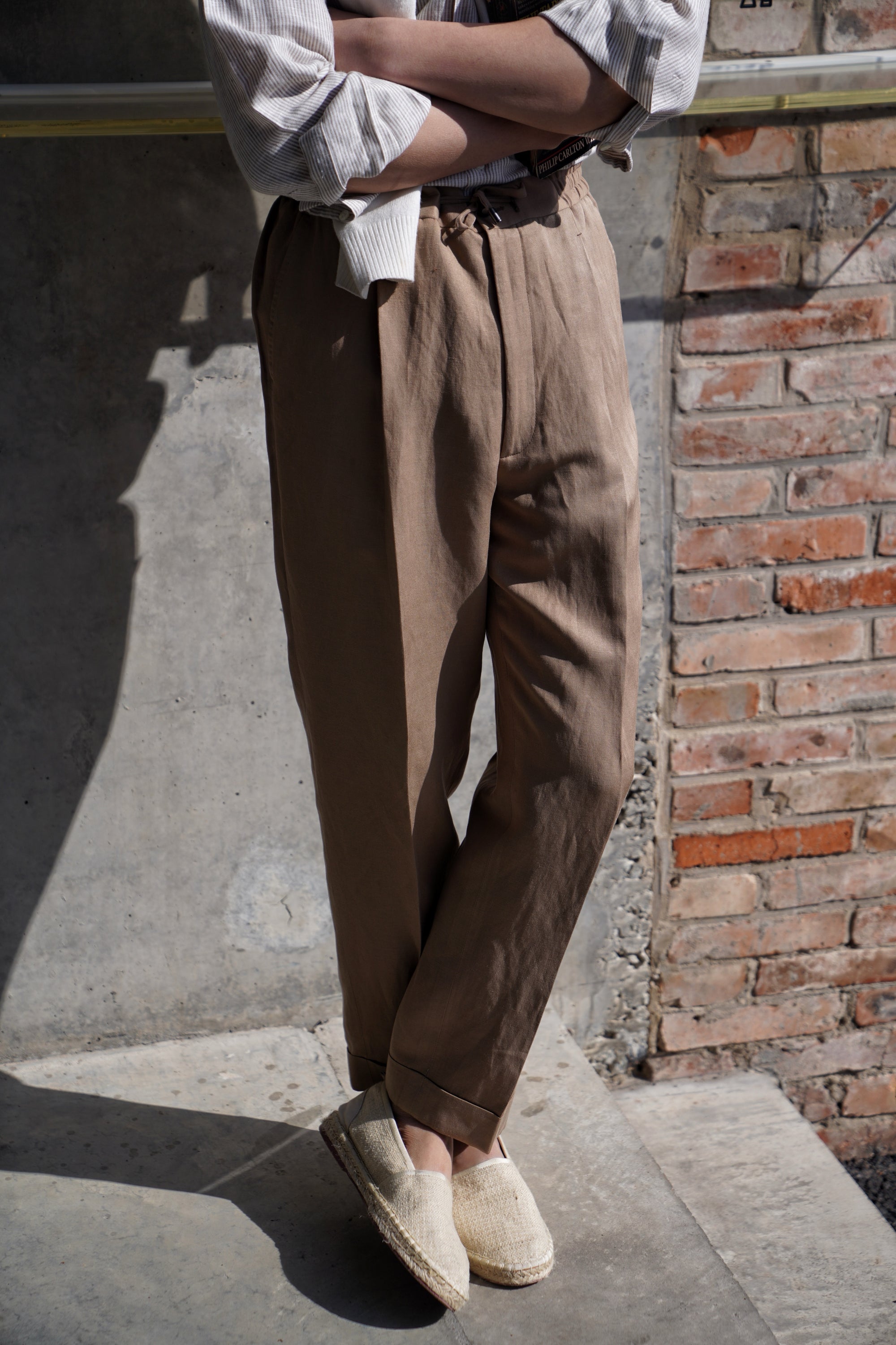 Khaki Silk Linen Drawstring Trousers
