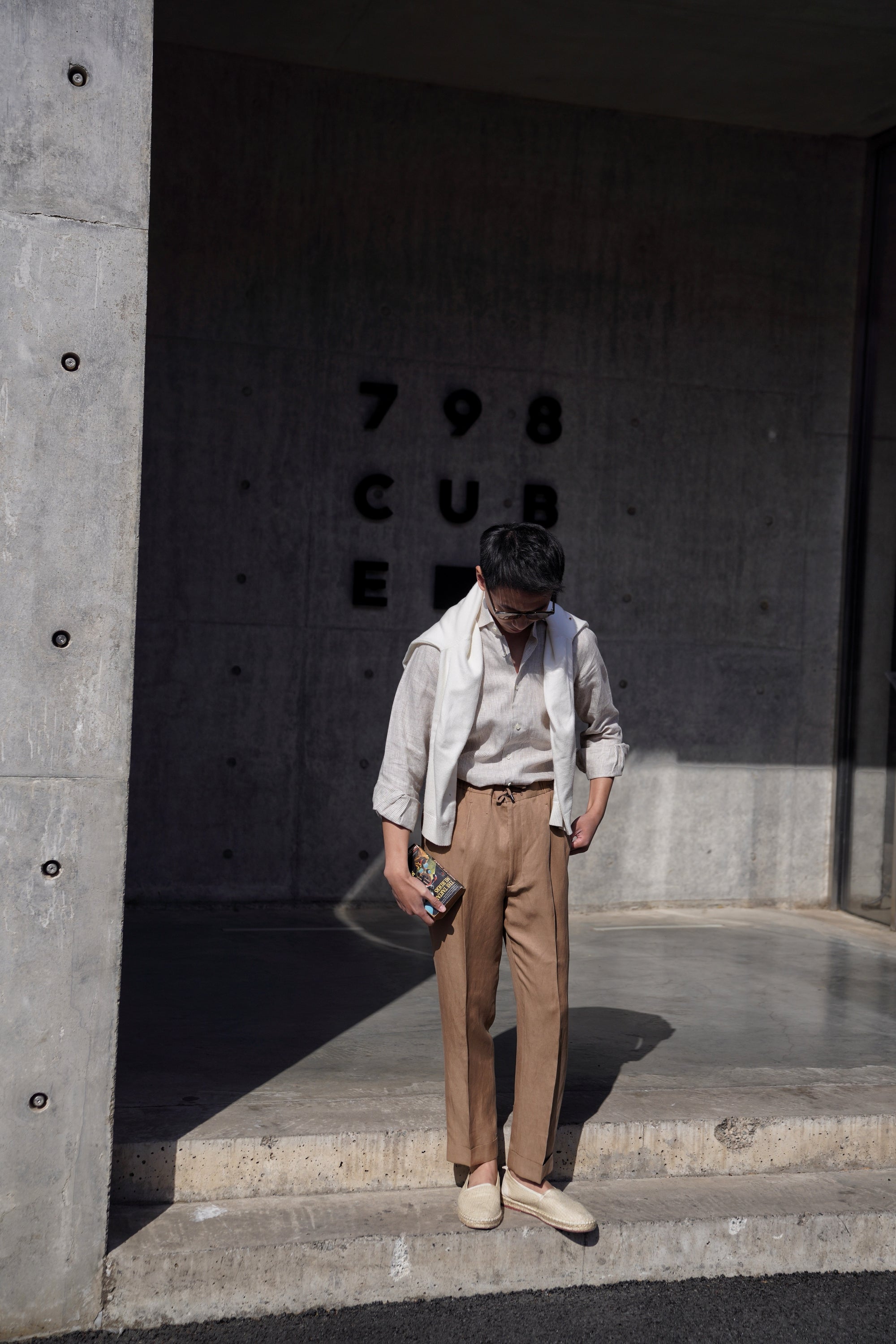 Khaki Silk Linen Drawstring Trousers