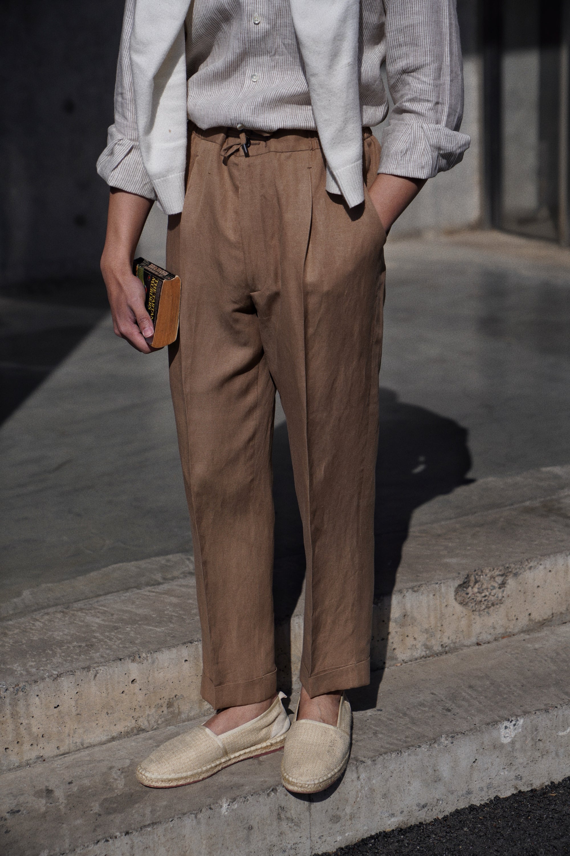 Khaki Silk Linen Drawstring Trousers