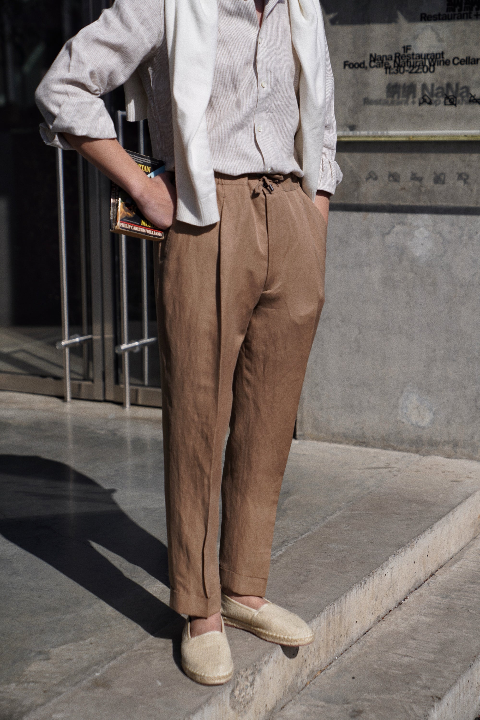 Khaki Silk Linen Drawstring Trousers