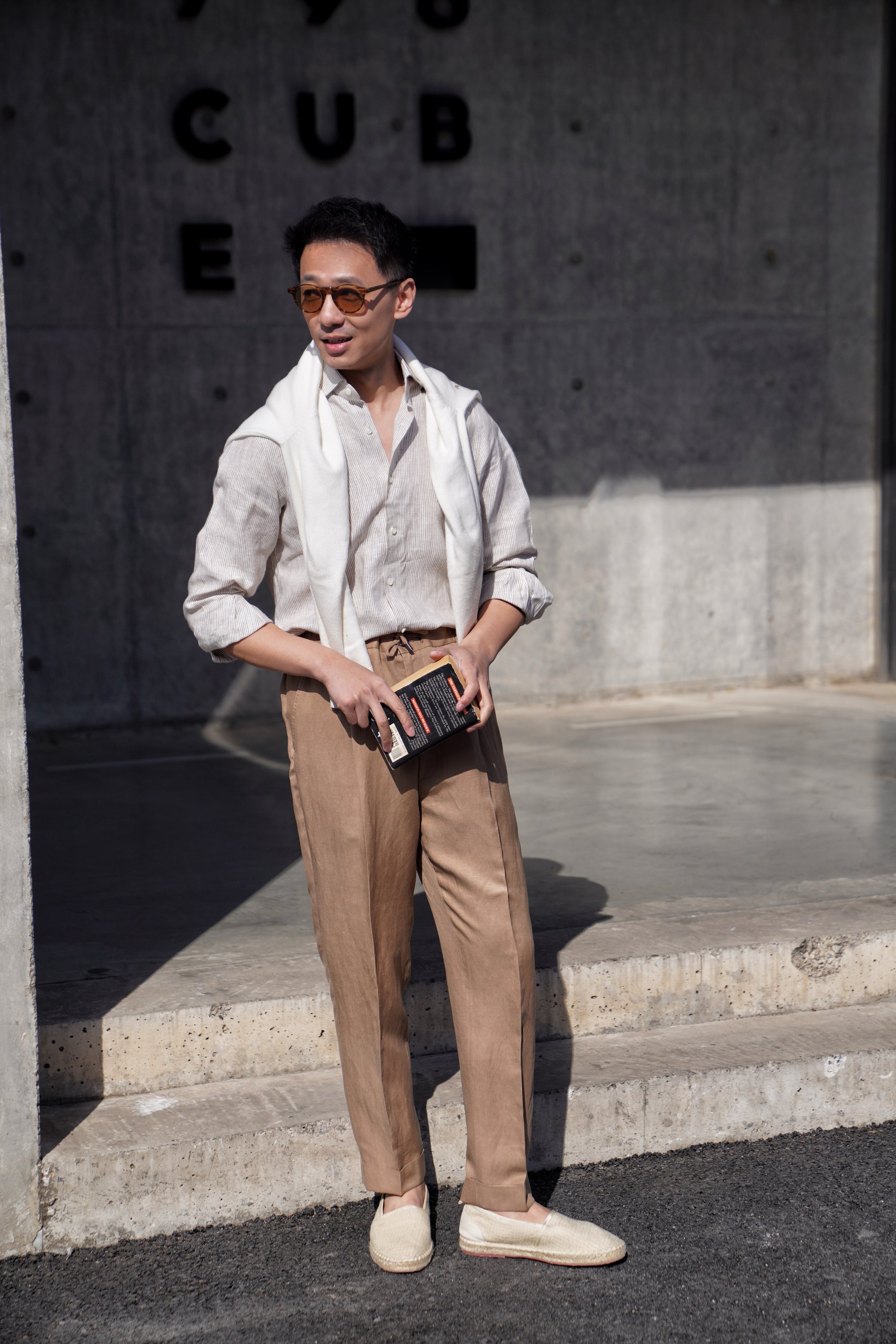 Khaki Silk Linen Drawstring Trousers