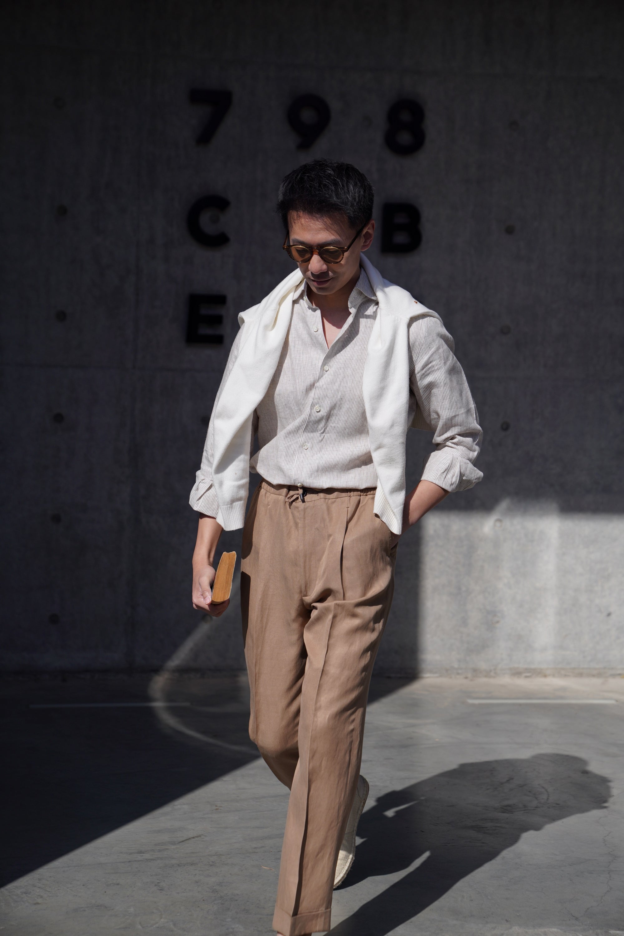 Khaki Silk Linen Drawstring Trousers