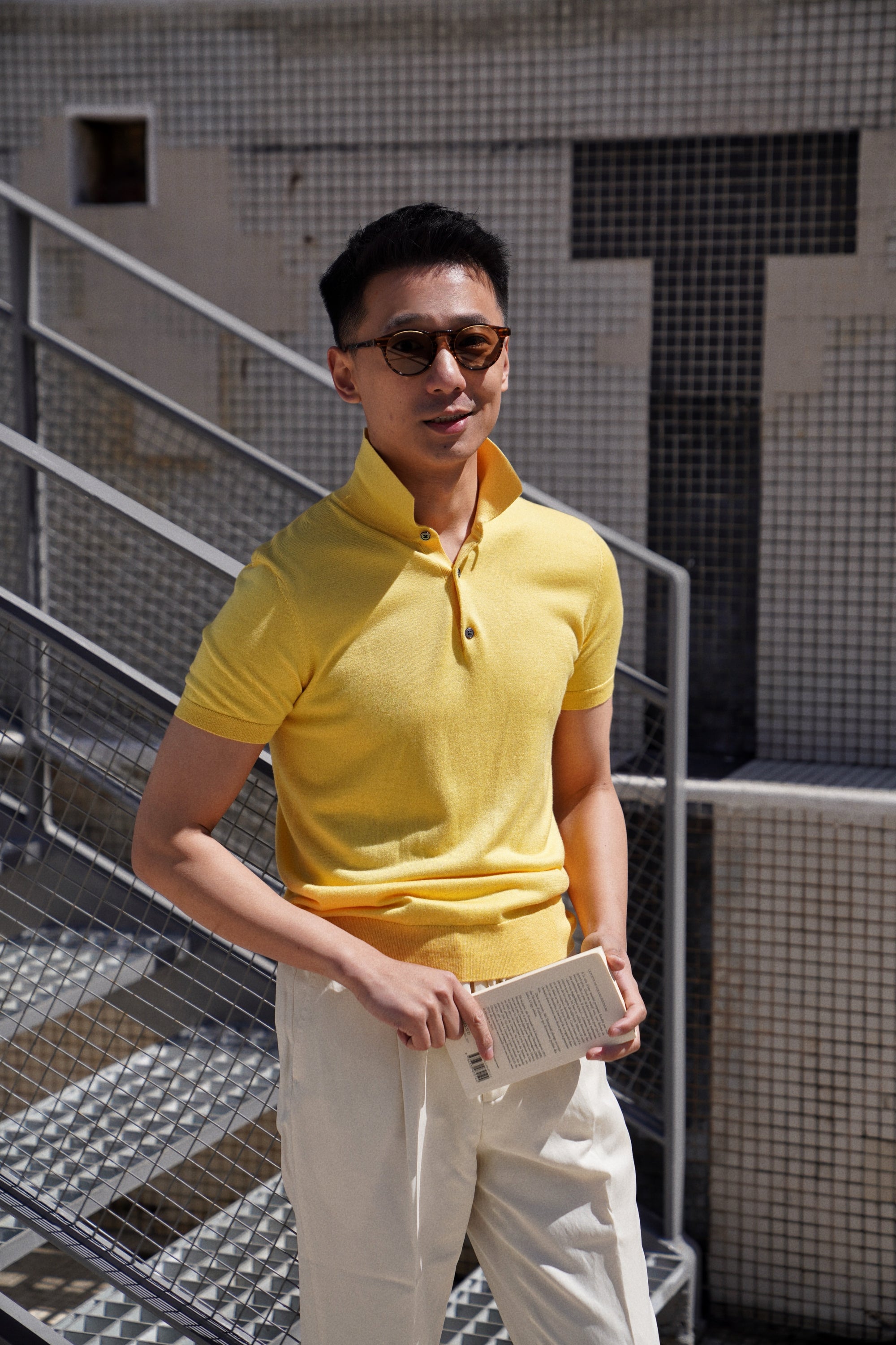 Lemon/Foggy Blue Silk Cashmere Knitted Polo
