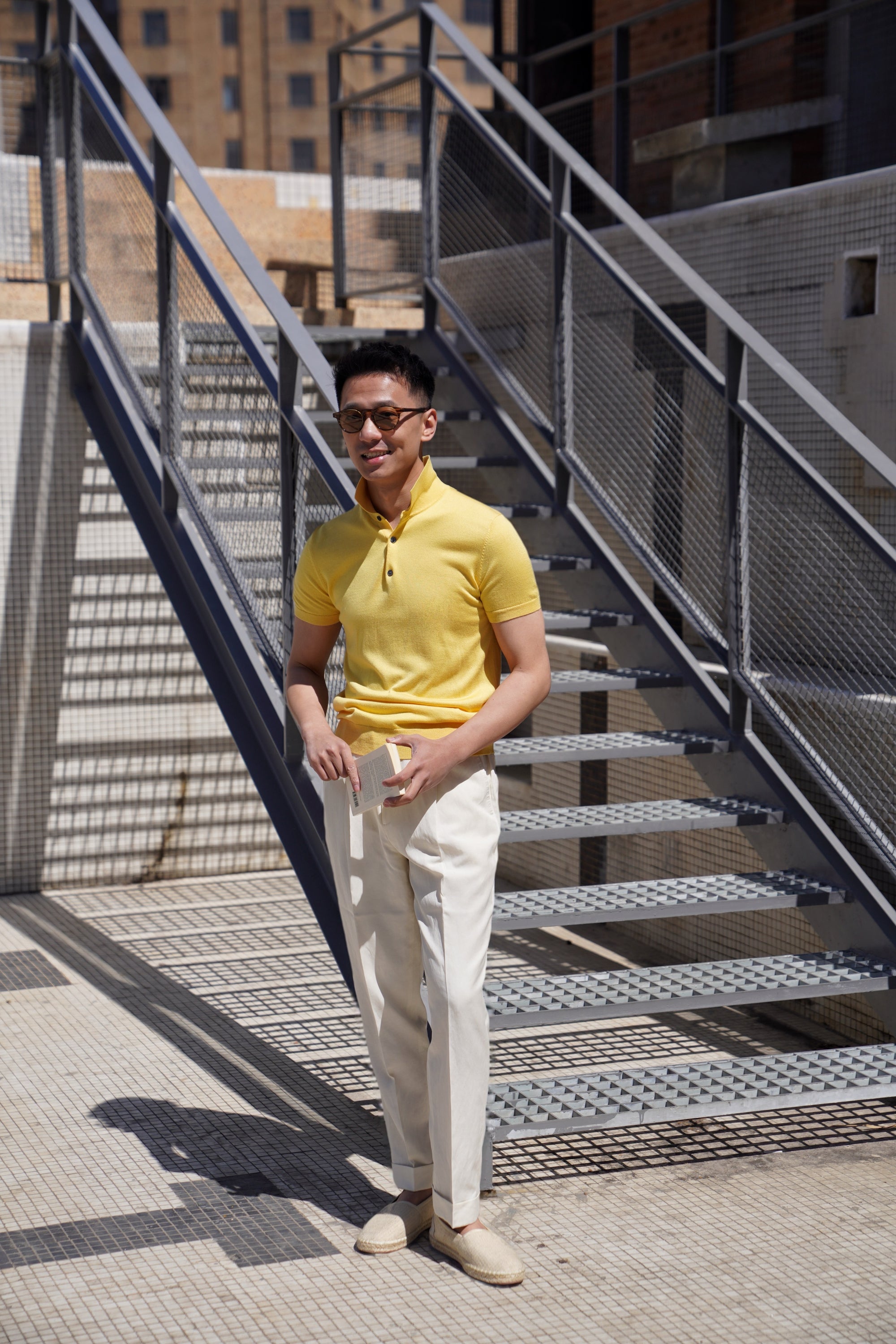 Lemon/Foggy Blue Silk Cashmere Knitted Polo