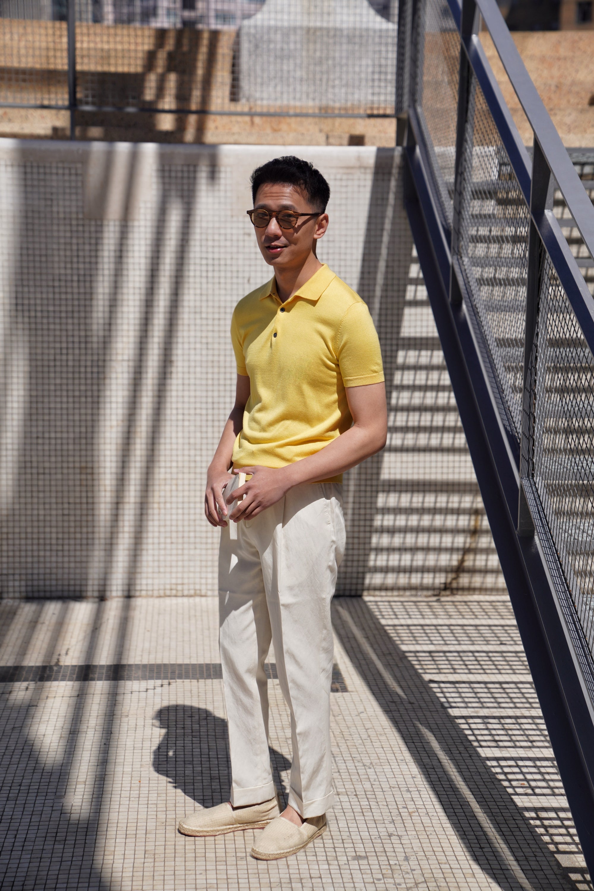 Lemon/Foggy Blue Silk Cashmere Knitted Polo