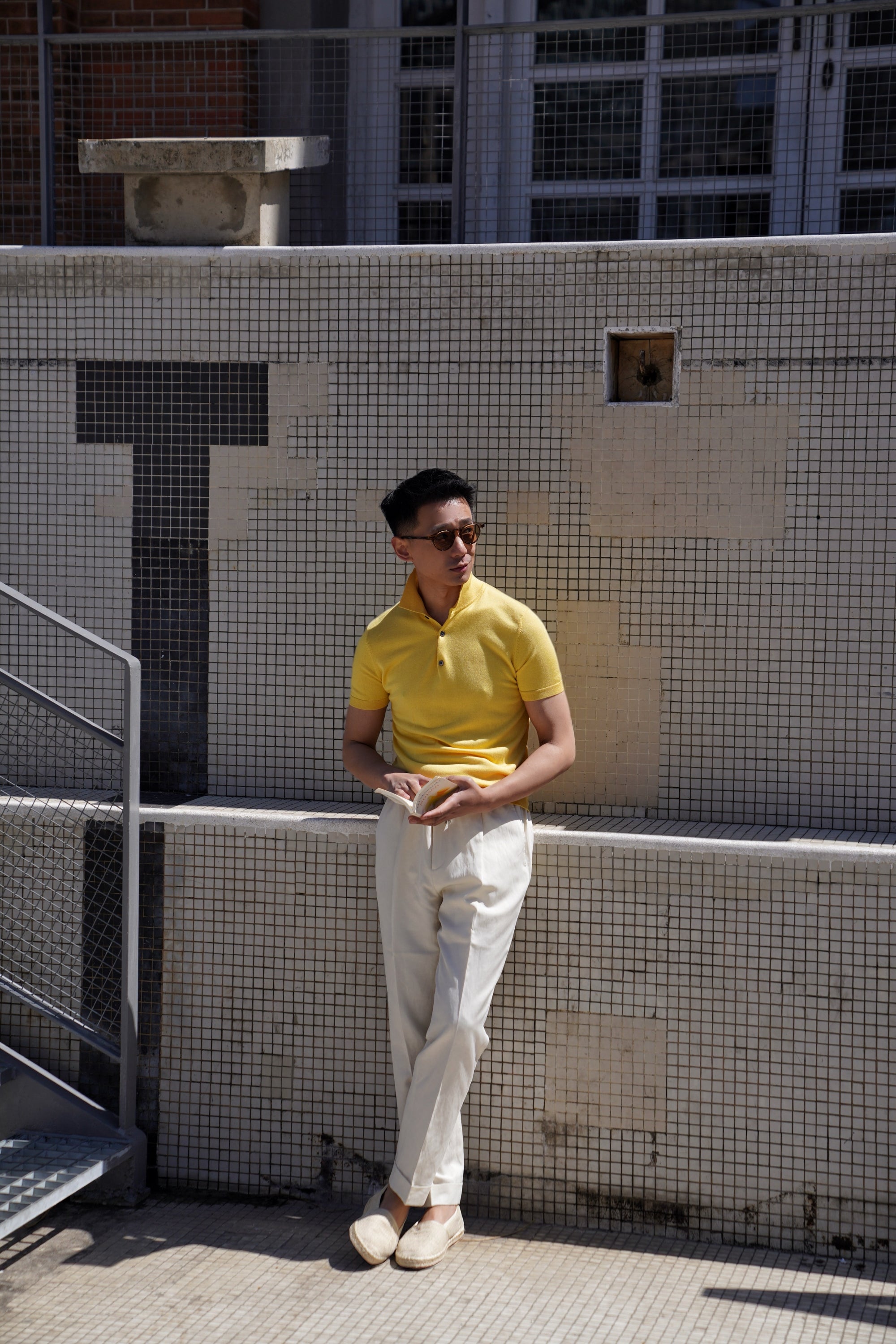 Lemon/Foggy Blue Silk Cashmere Knitted Polo