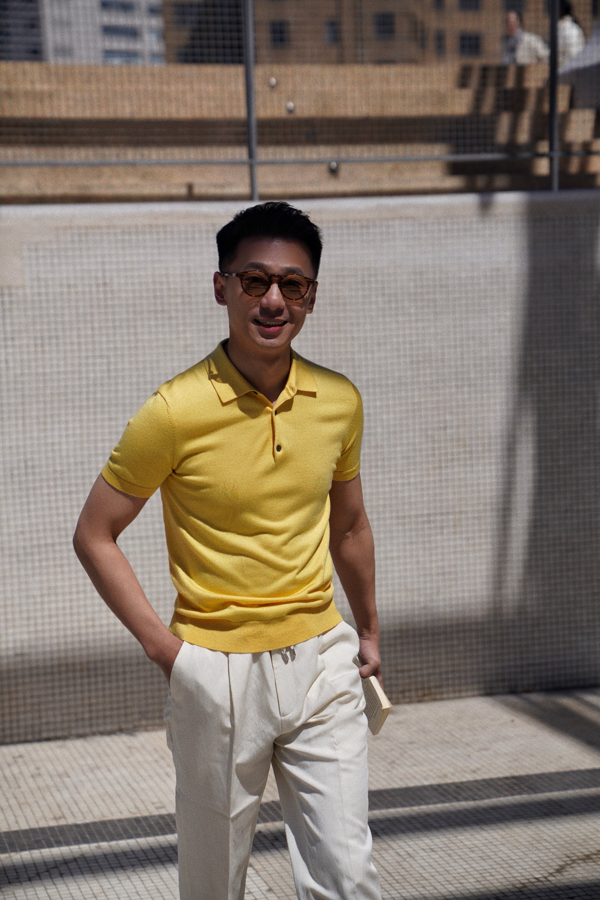 Lemon/Foggy Blue Silk Cashmere Knitted Polo