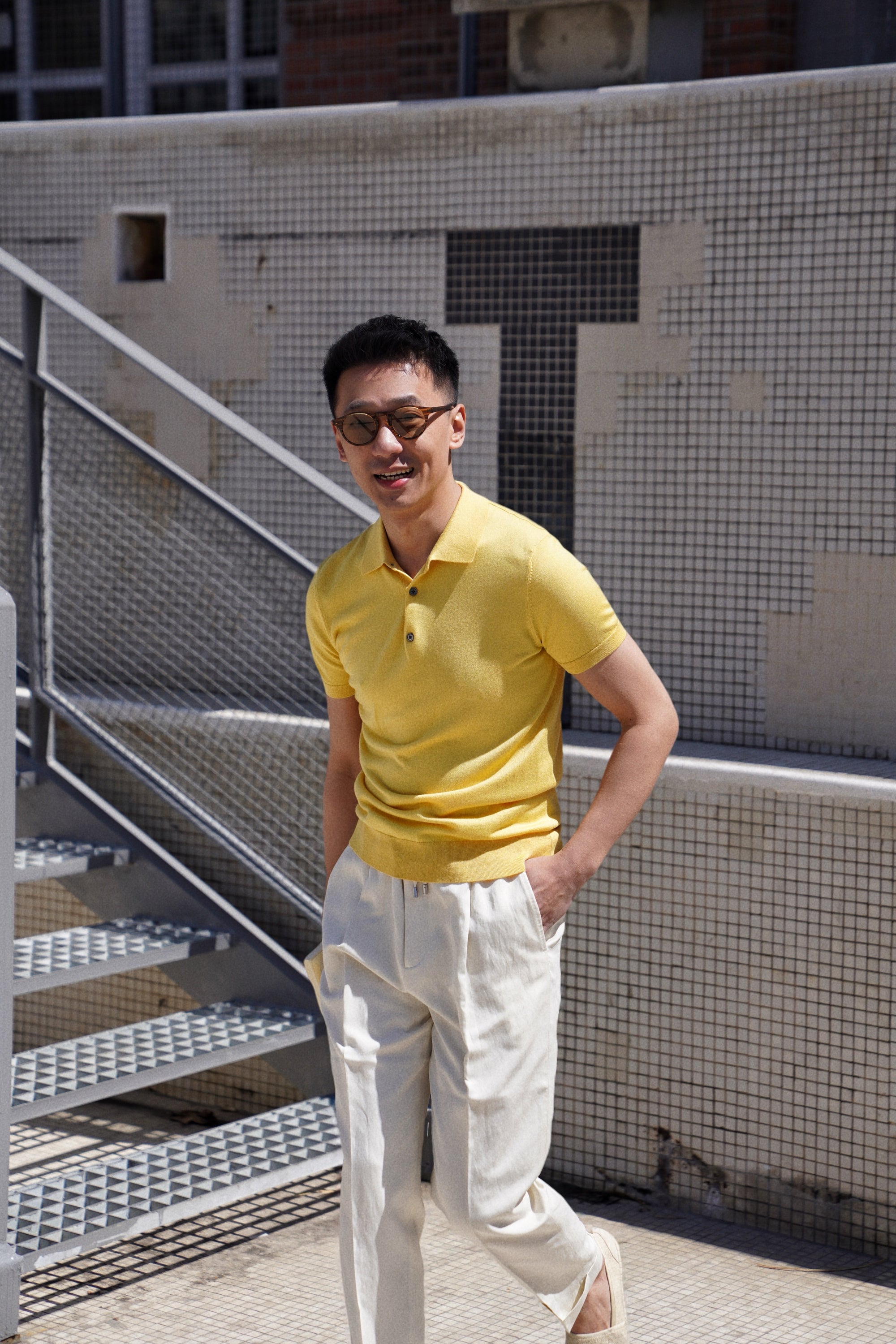 Lemon/Foggy Blue Silk Cashmere Knitted Polo
