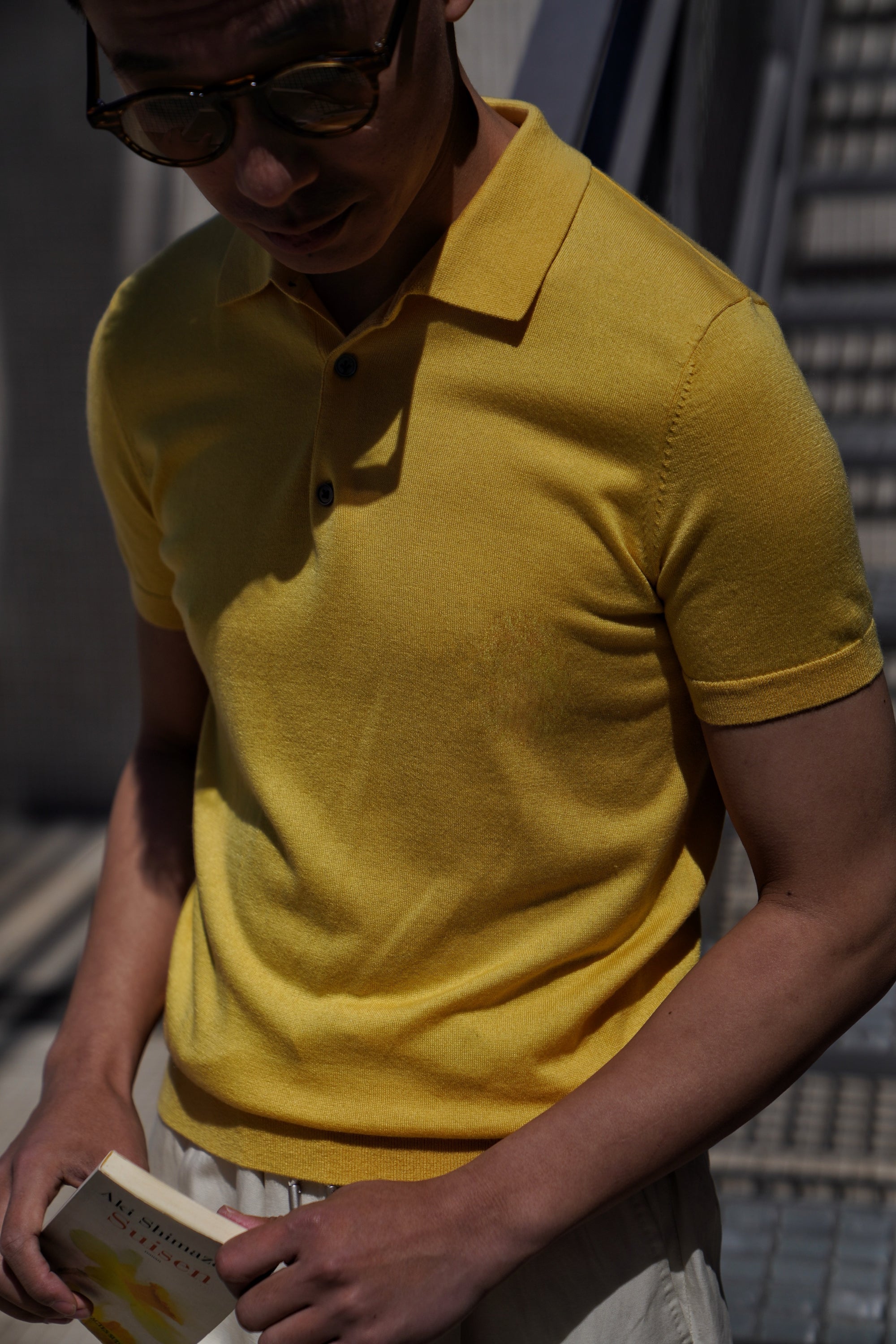 Lemon/Foggy Blue Silk Cashmere Knitted Polo