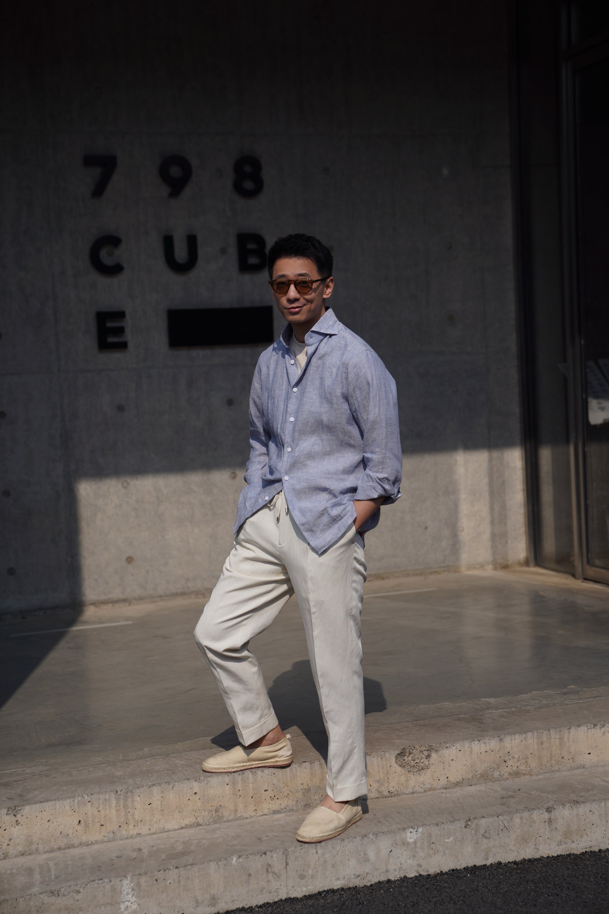 White / Pale Blue Linen Shirt