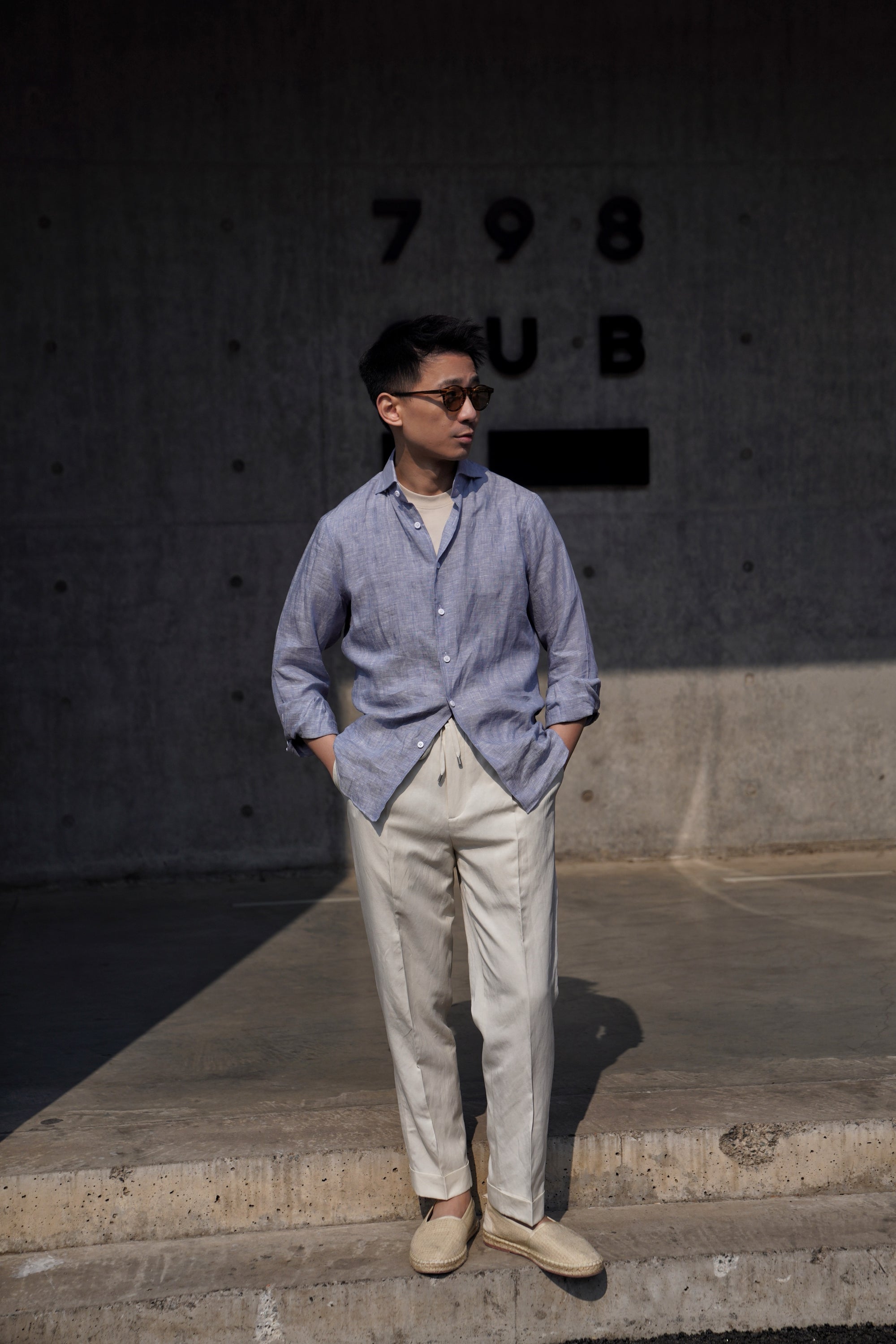 White / Pale Blue Linen Shirt