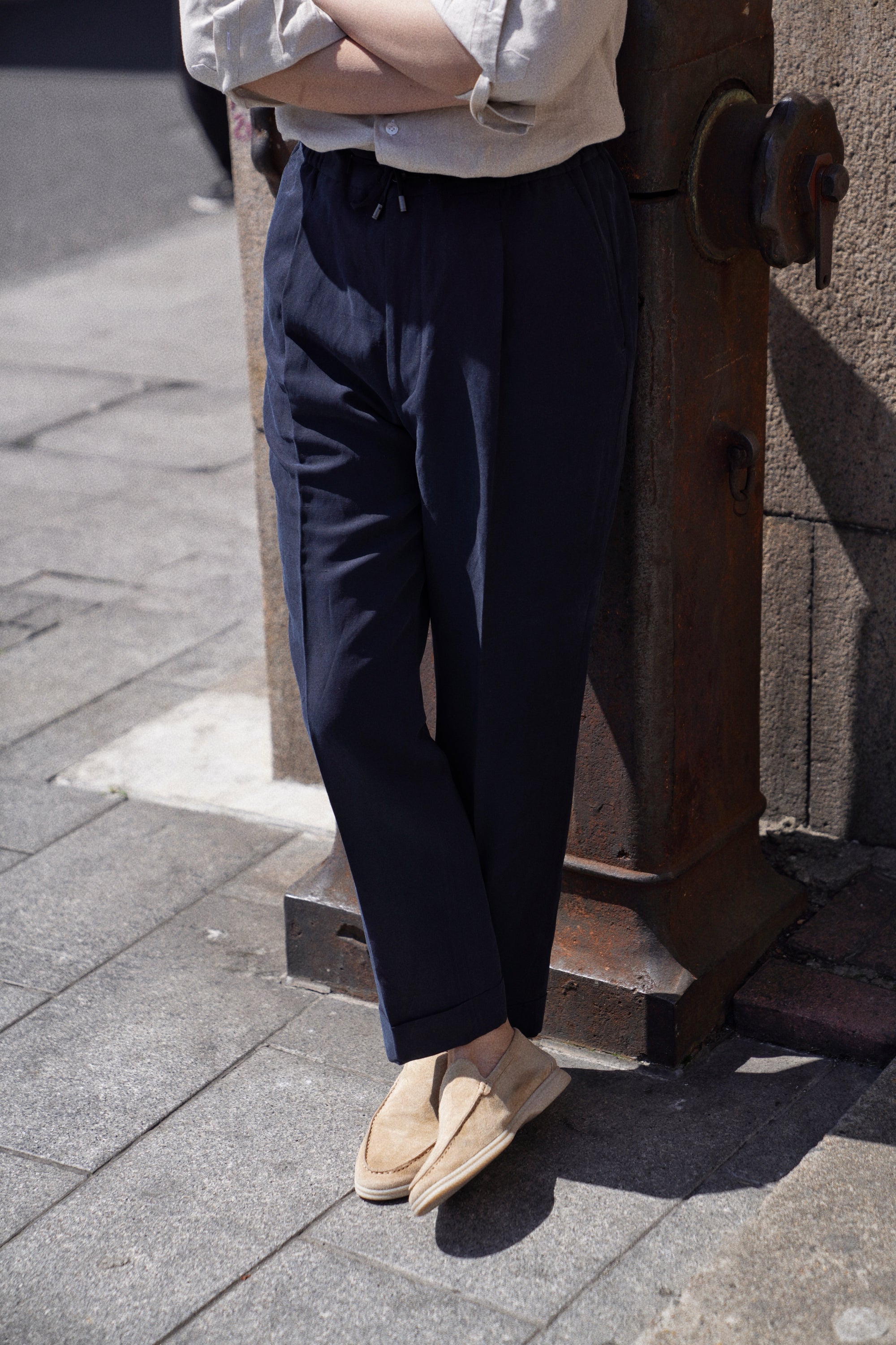 Navy Silk Linen Drawstring Trousers