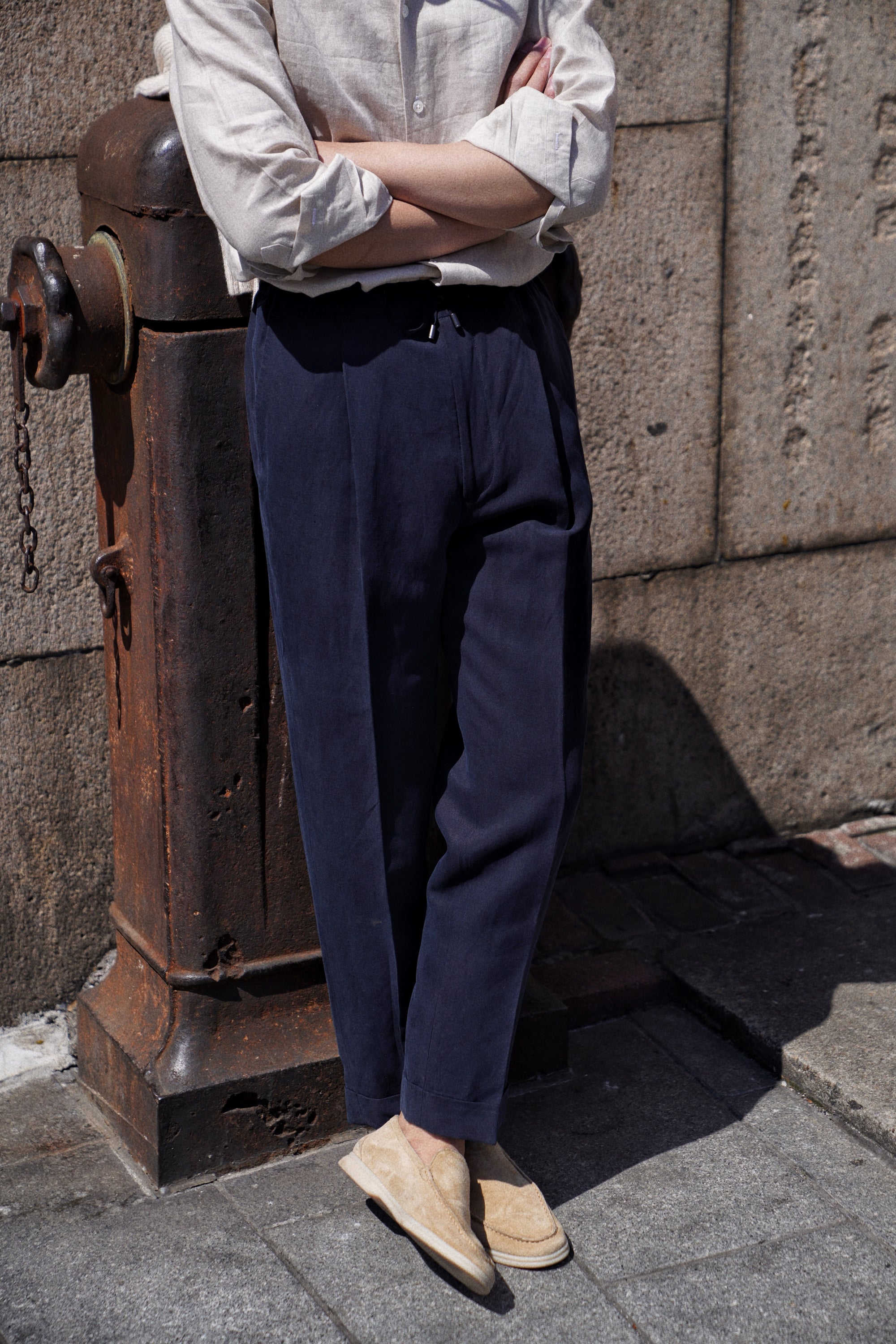Navy Silk Linen Drawstring Trousers