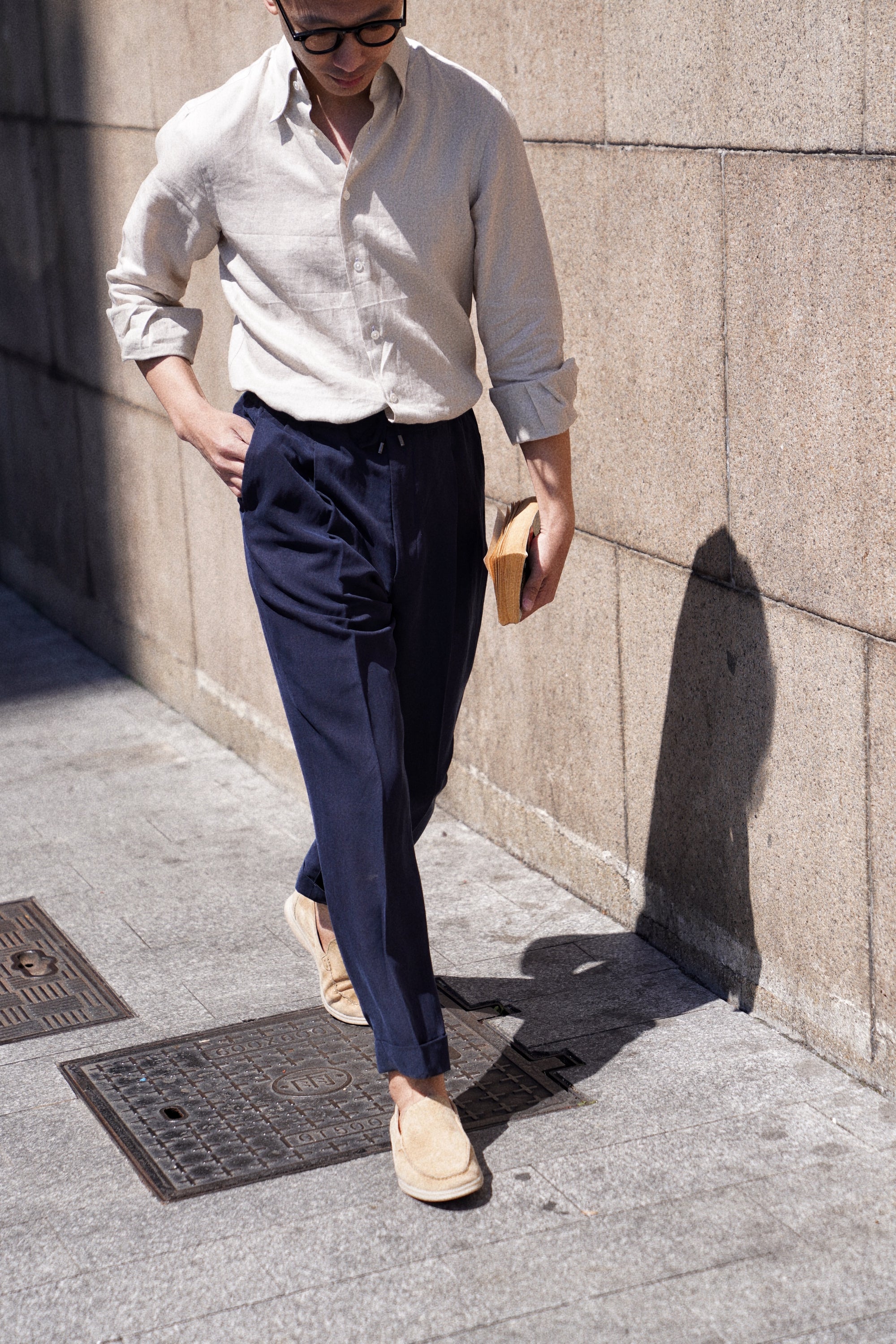 Navy Silk Linen Drawstring Trousers