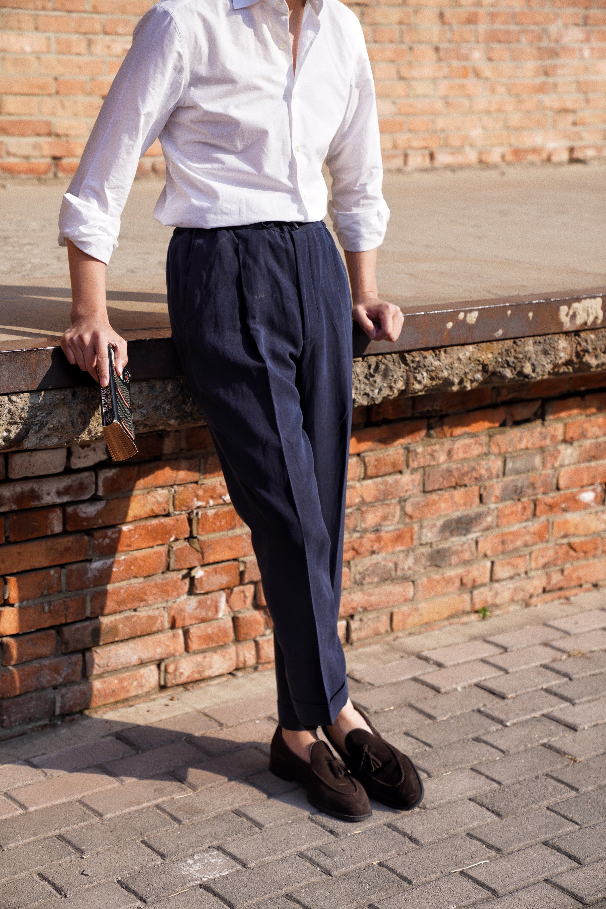 Navy Silk Linen Drawstring Trousers