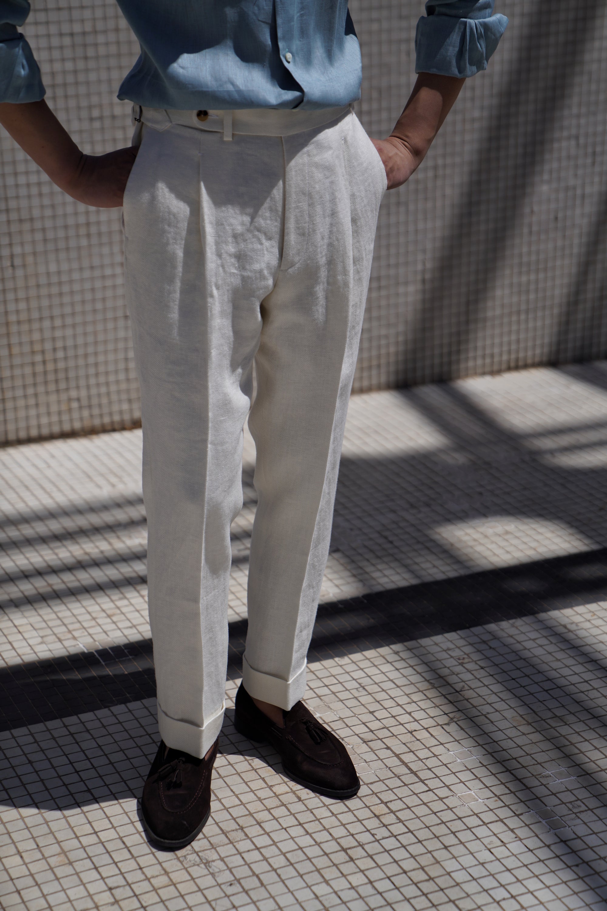 White Herringbone Linen Trousers