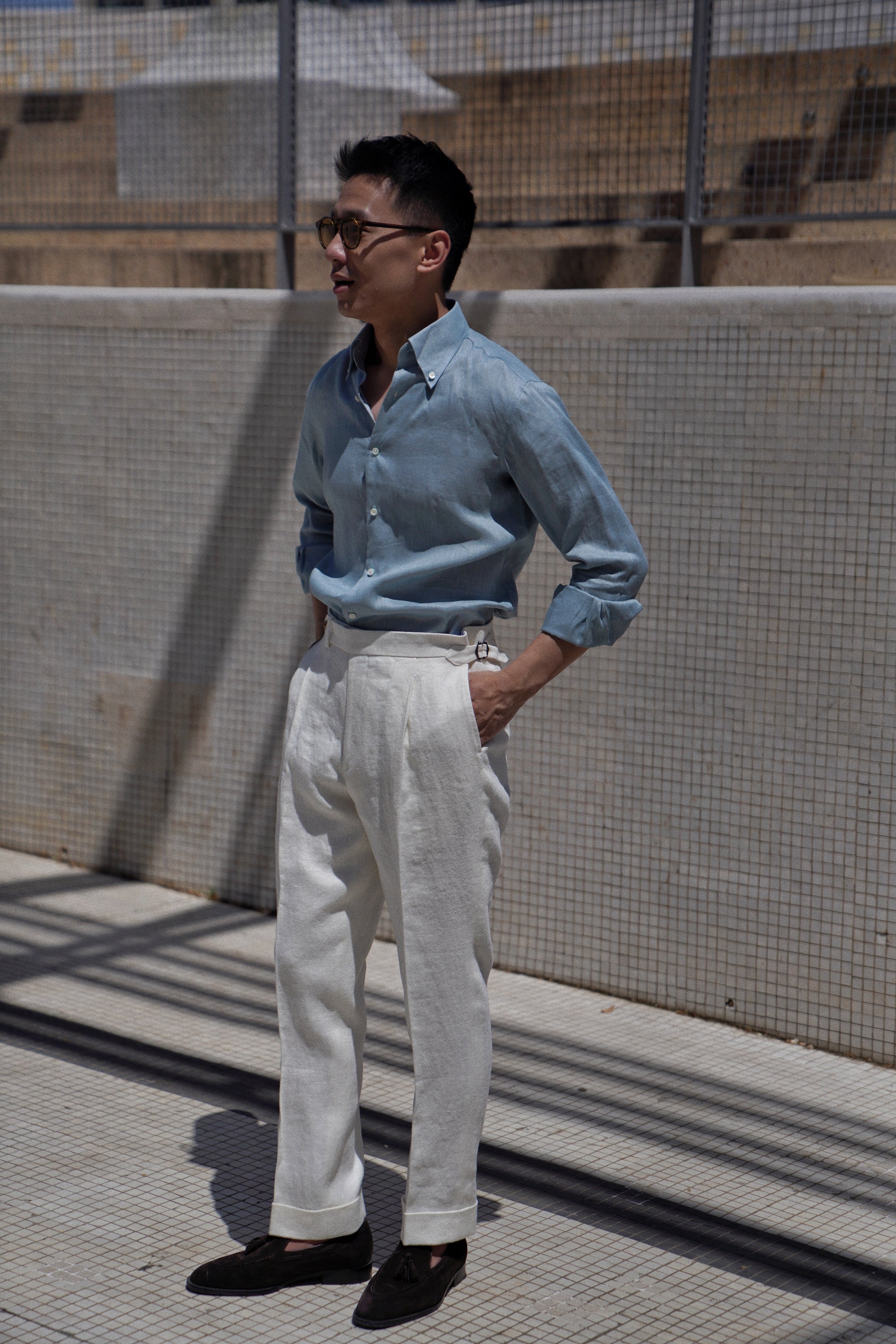 White Herringbone Linen Trousers