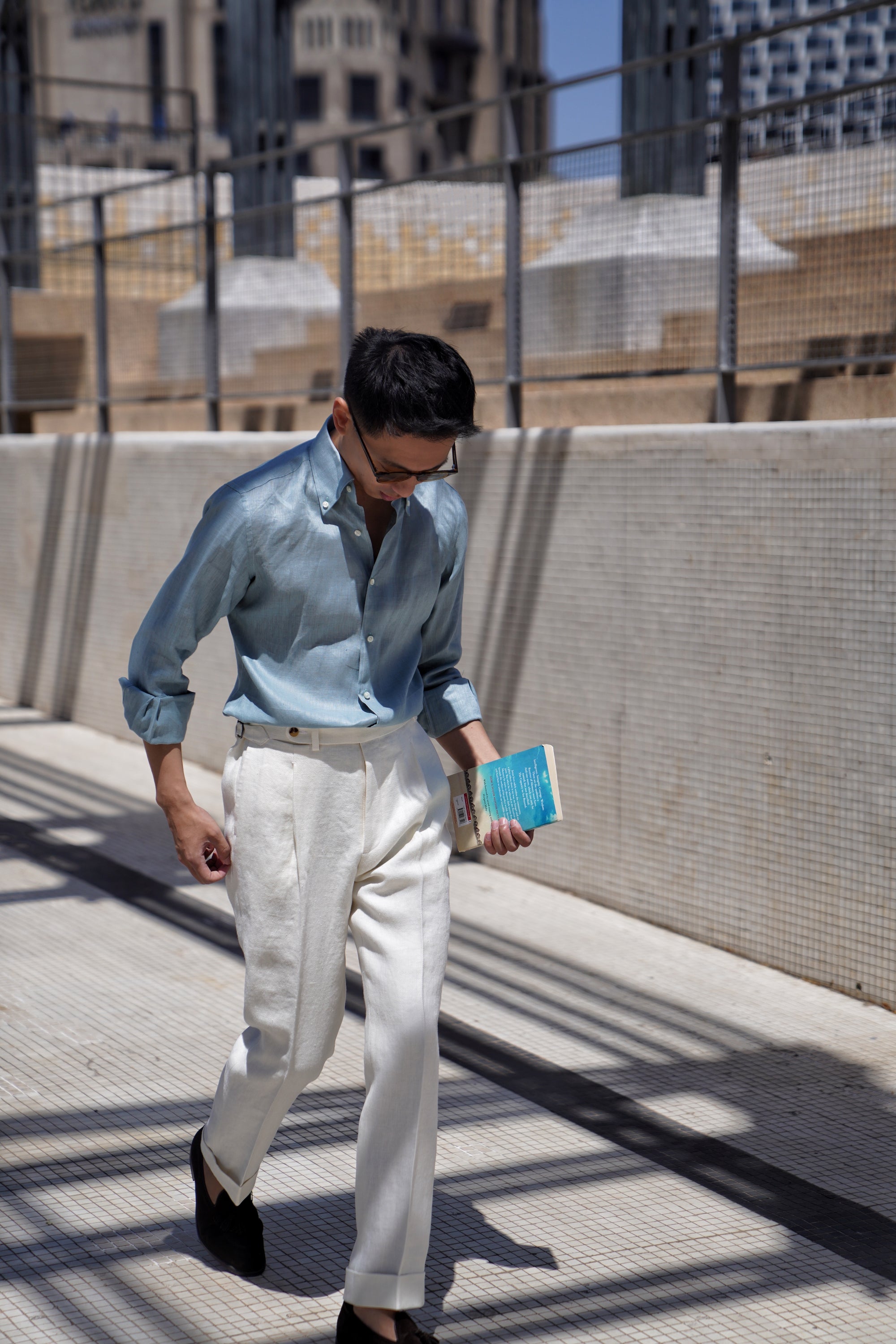 White Herringbone Linen Trousers