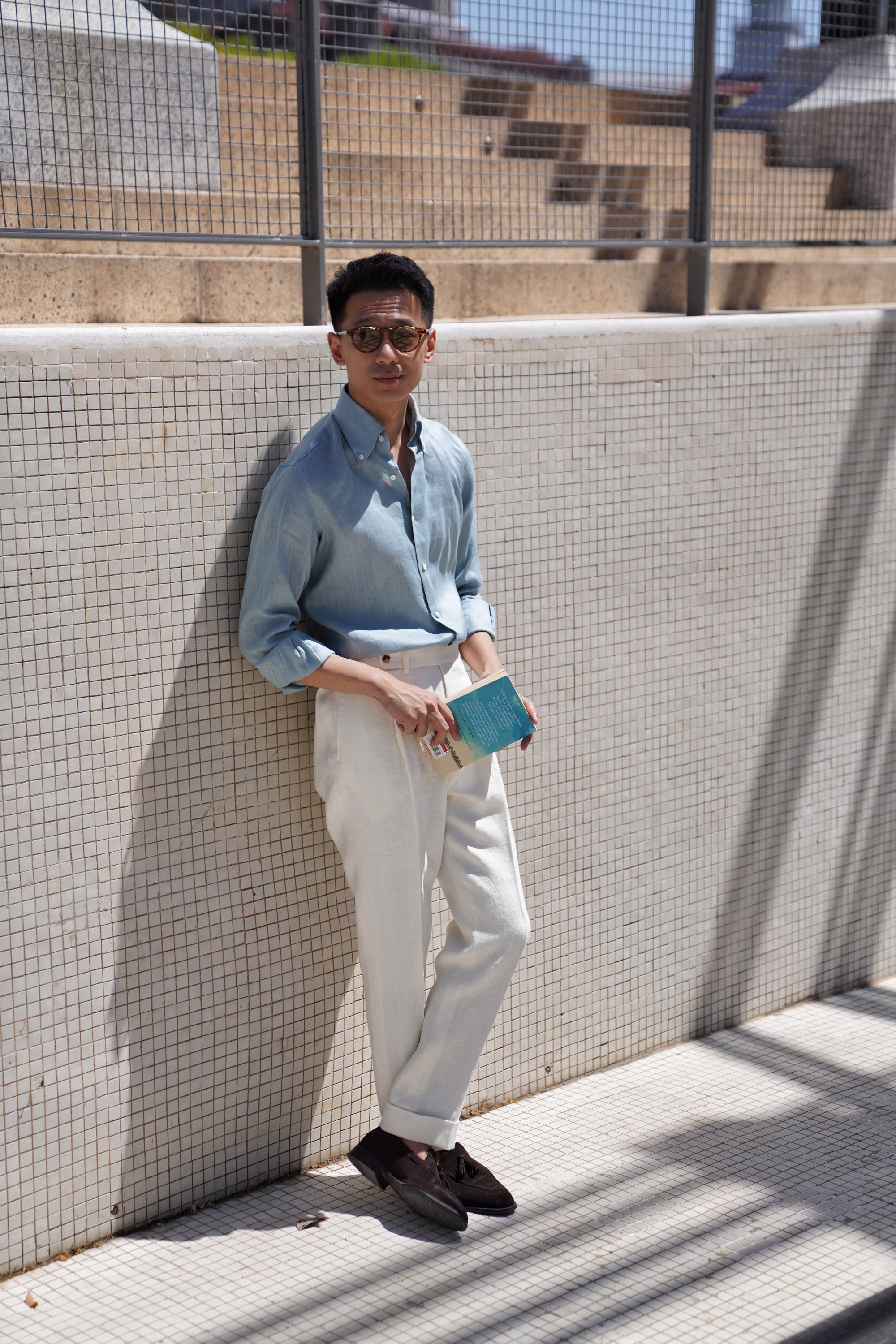 White Herringbone Linen Trousers