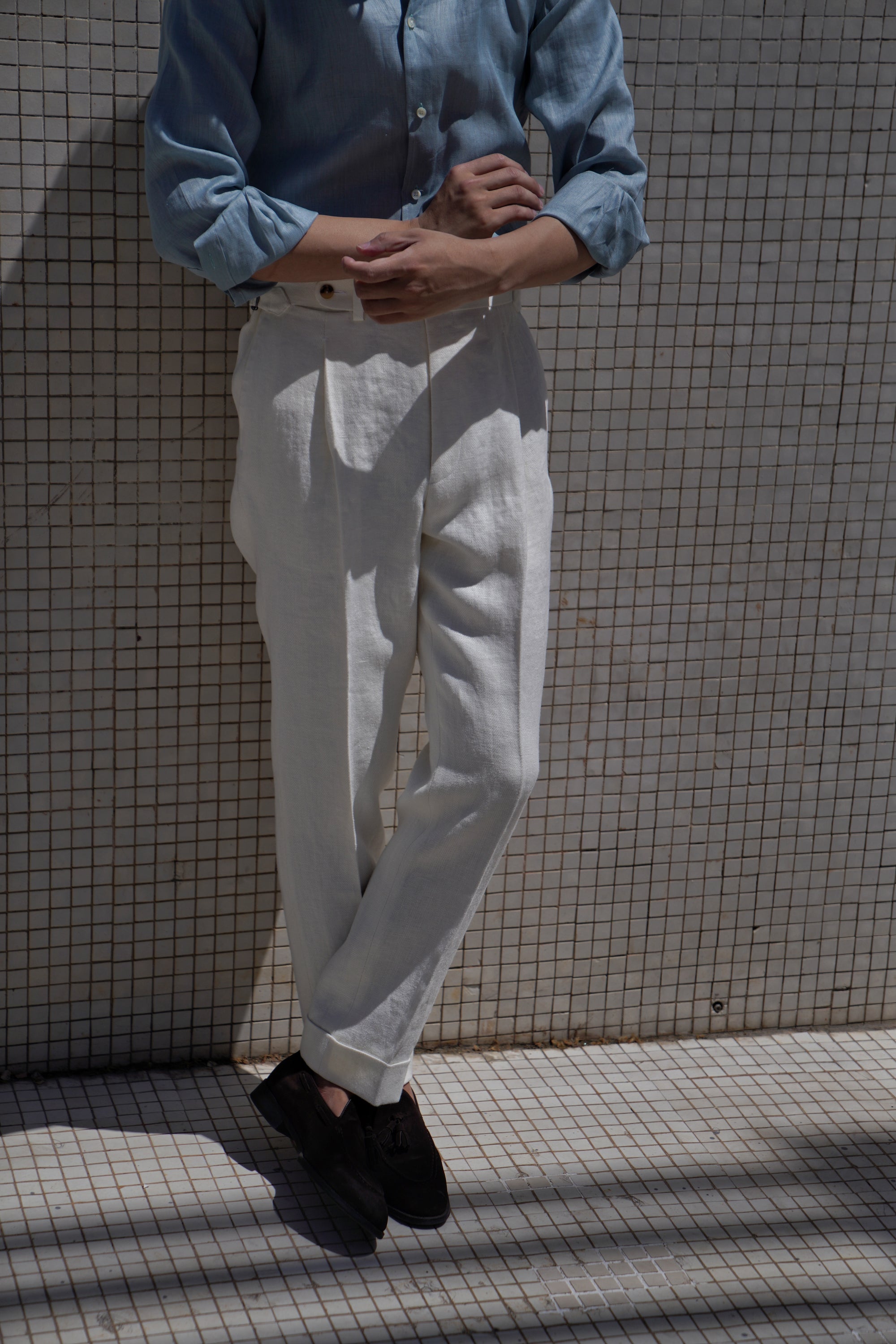 White Herringbone Linen Trousers