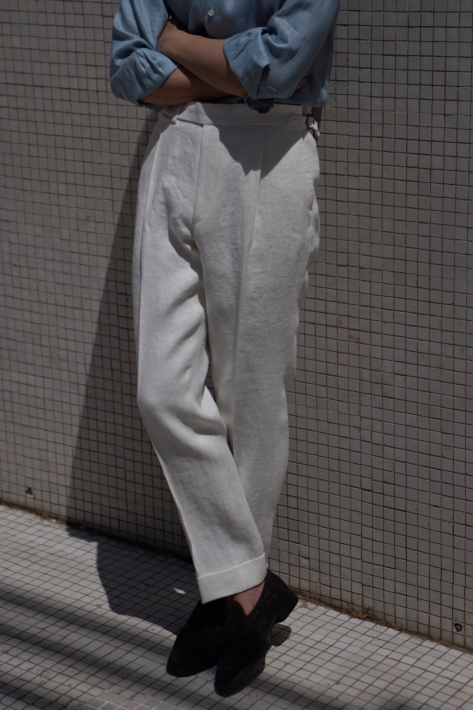 White Herringbone Linen Trousers