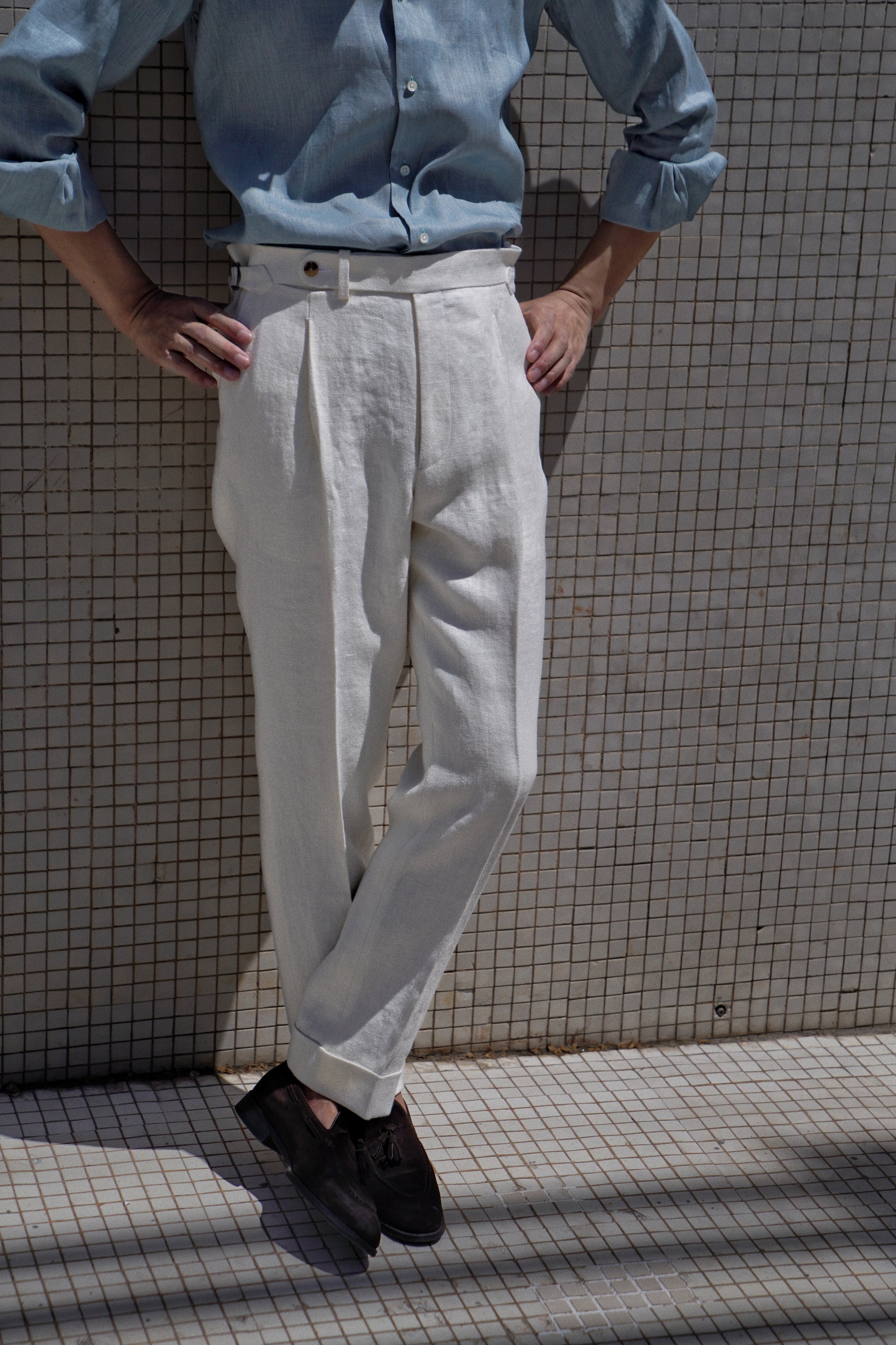 White Herringbone Linen Trousers