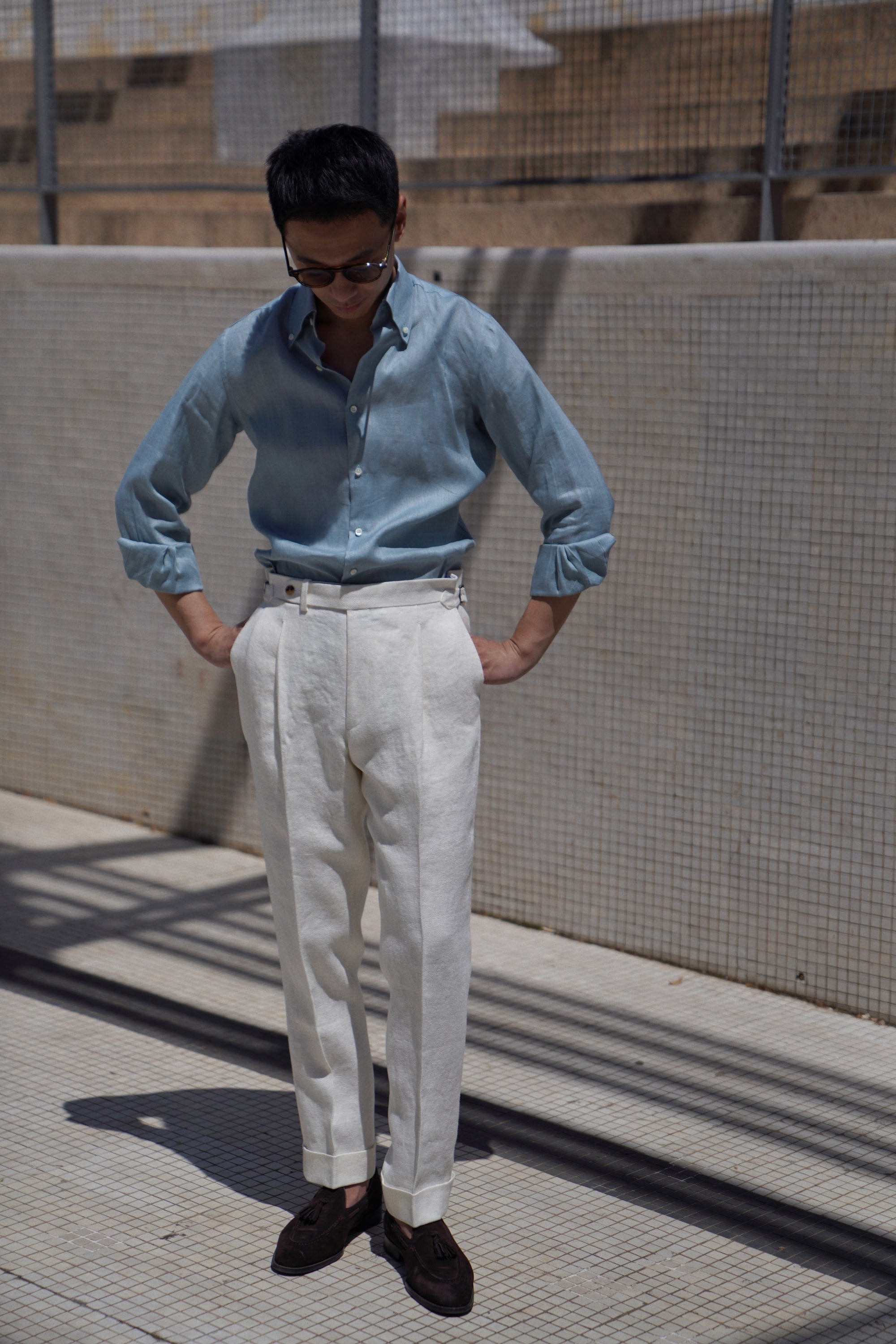 White Herringbone Linen Trousers