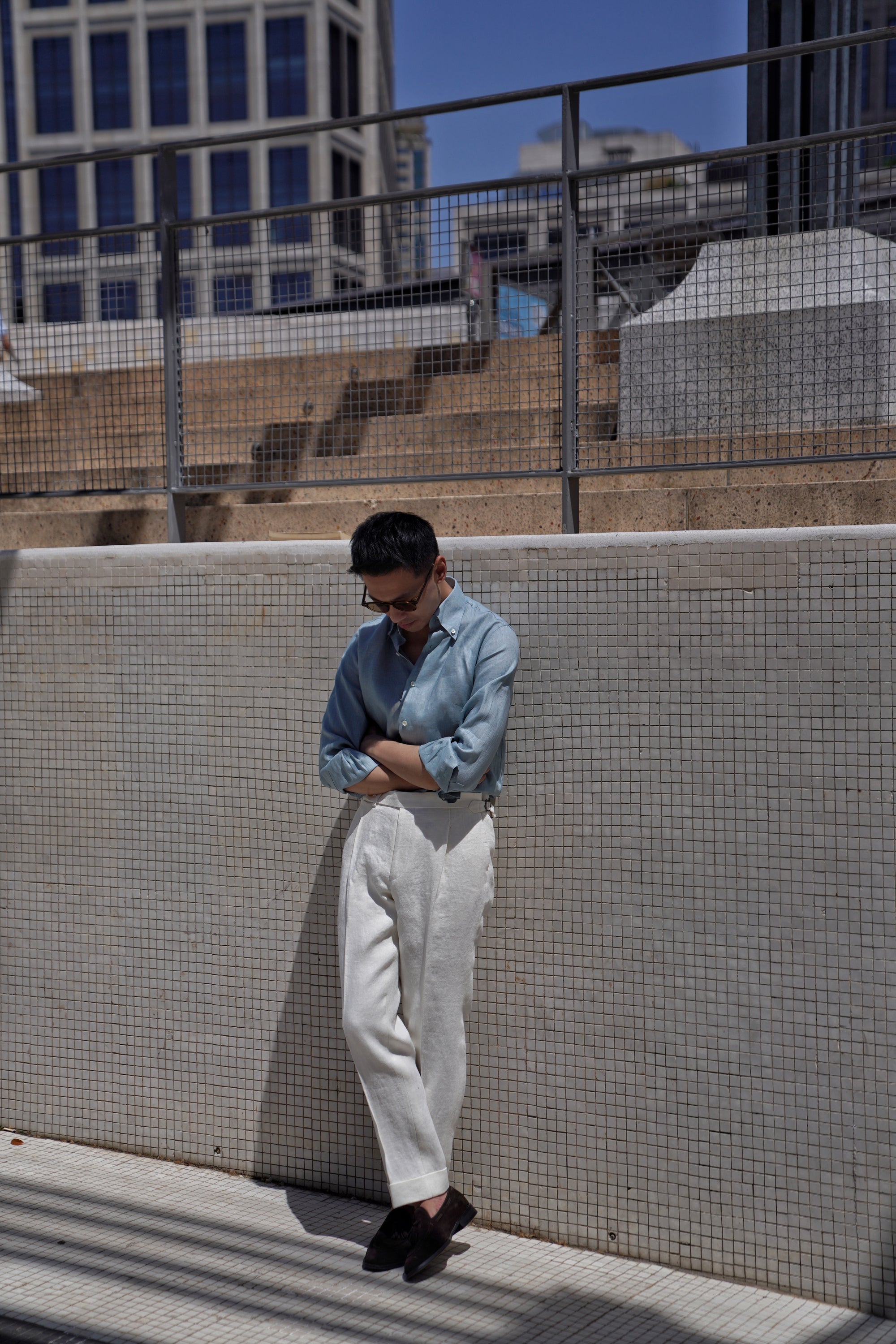 White Herringbone Linen Trousers