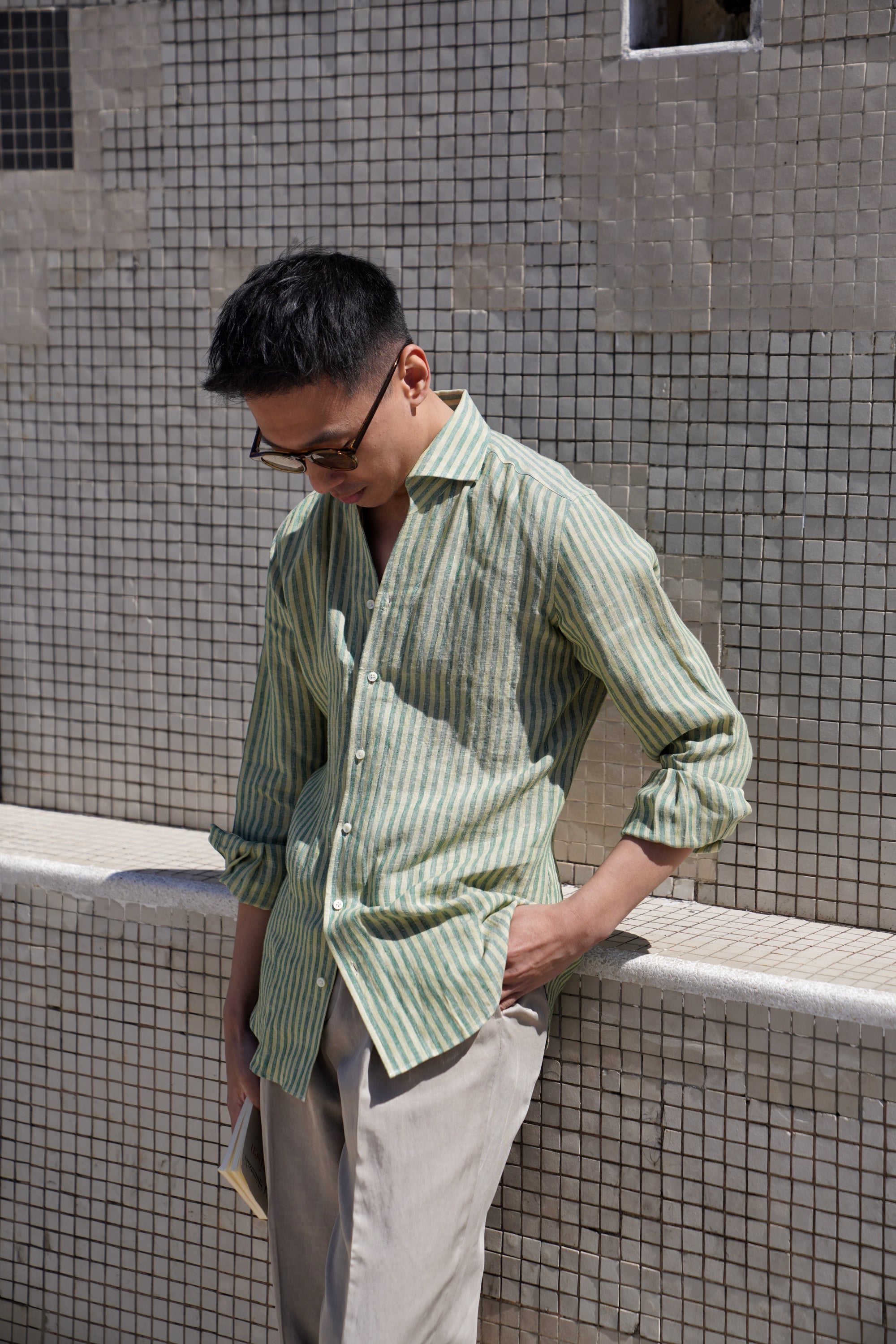 MTO Olive Yellow Stipe Linen Shirt #417